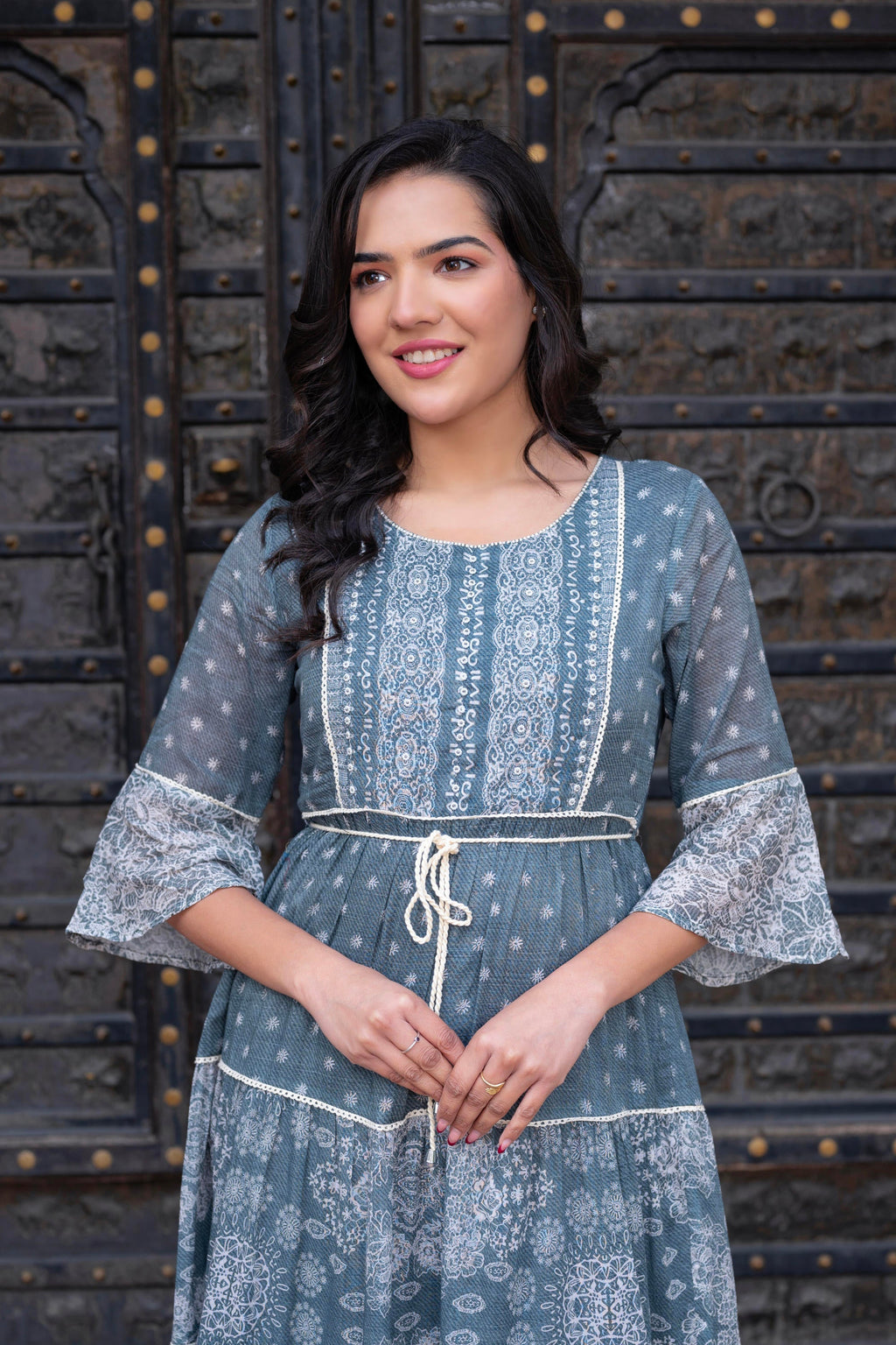Juniper Grey Floral Printed Cotton Dress with Dori, Cotton Lace & Bead Work