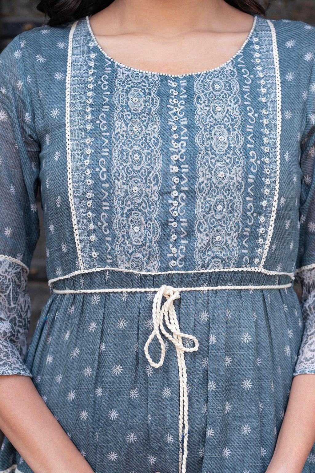 Juniper Grey Floral Printed Cotton Dress with Dori, Cotton Lace & Bead Work