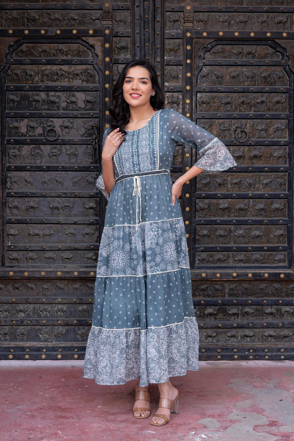 Juniper Grey Floral Printed Cotton Dress with Dori, Cotton Lace & Bead Work