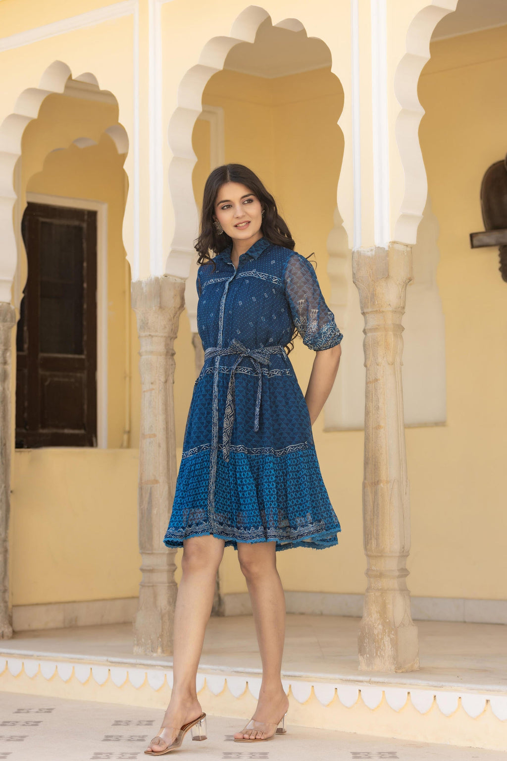 Juniper Indigo Blue Ethnic Shirt Dress with Belt and Sheer Sleeves