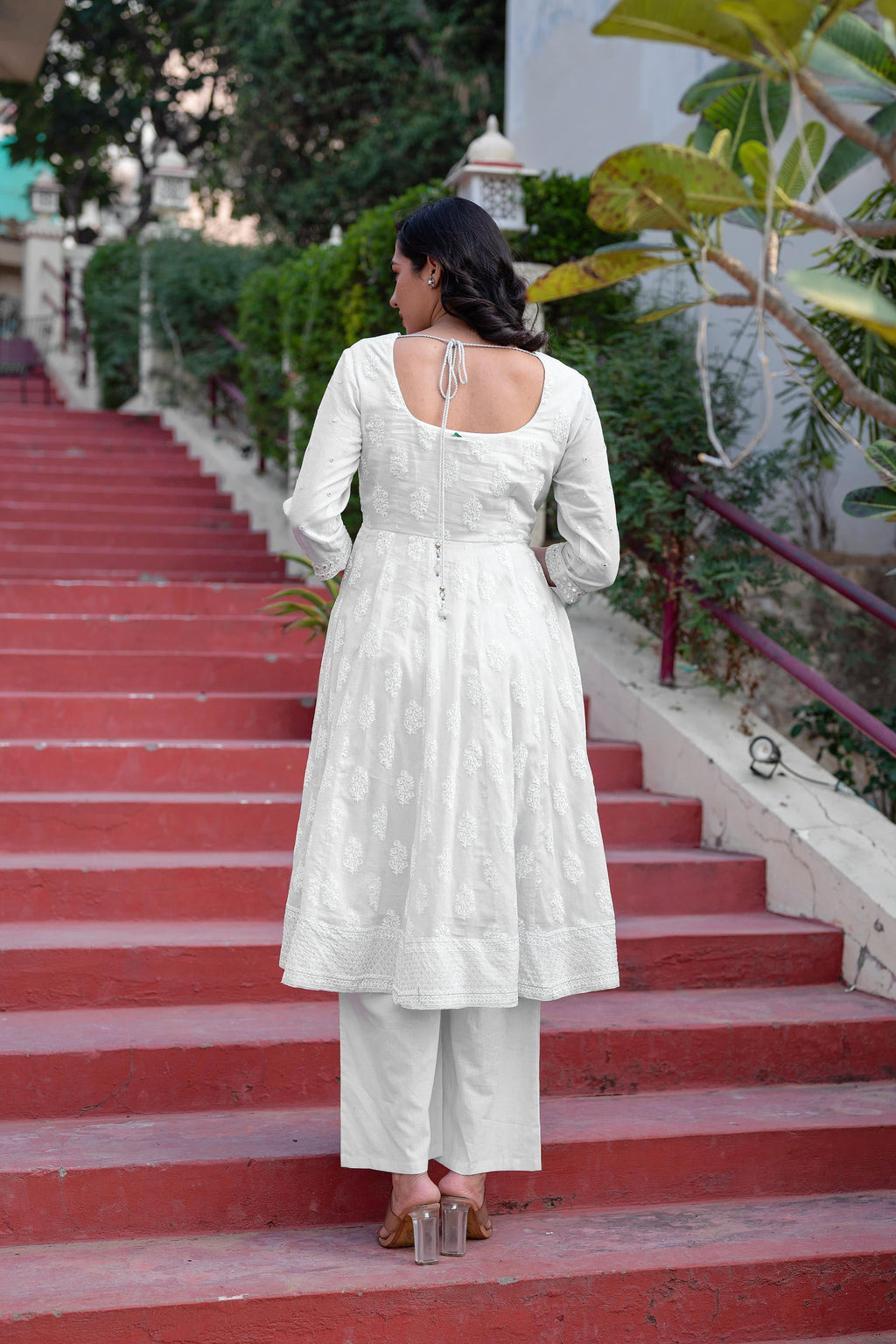 Juniper White Cotton Mirror Embroidered Kurta with Palazzo & Organza Dupatta