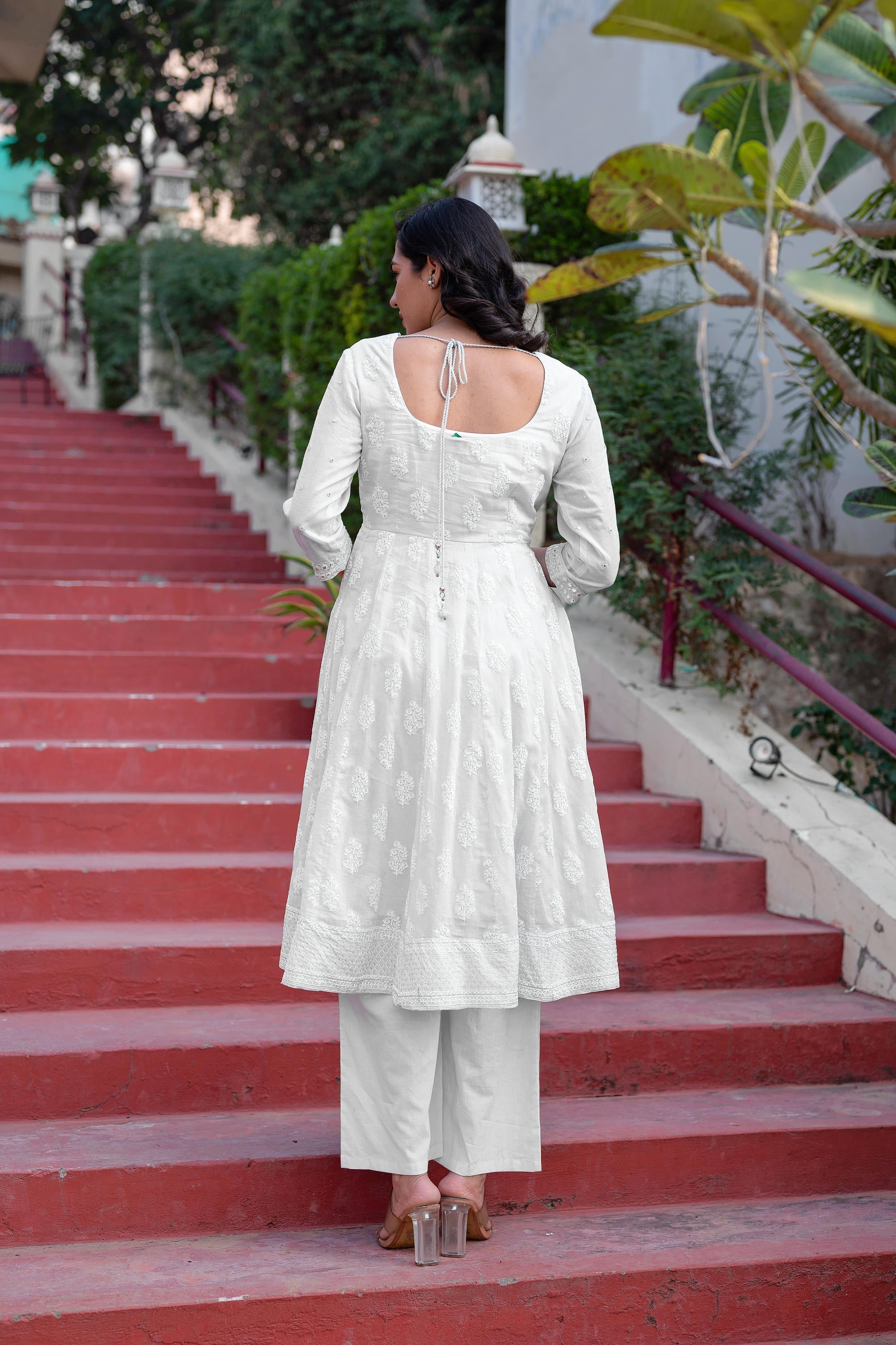 Juniper White Cotton Mirror Embroidered Kurta With Palazzo & Organza Dupatta