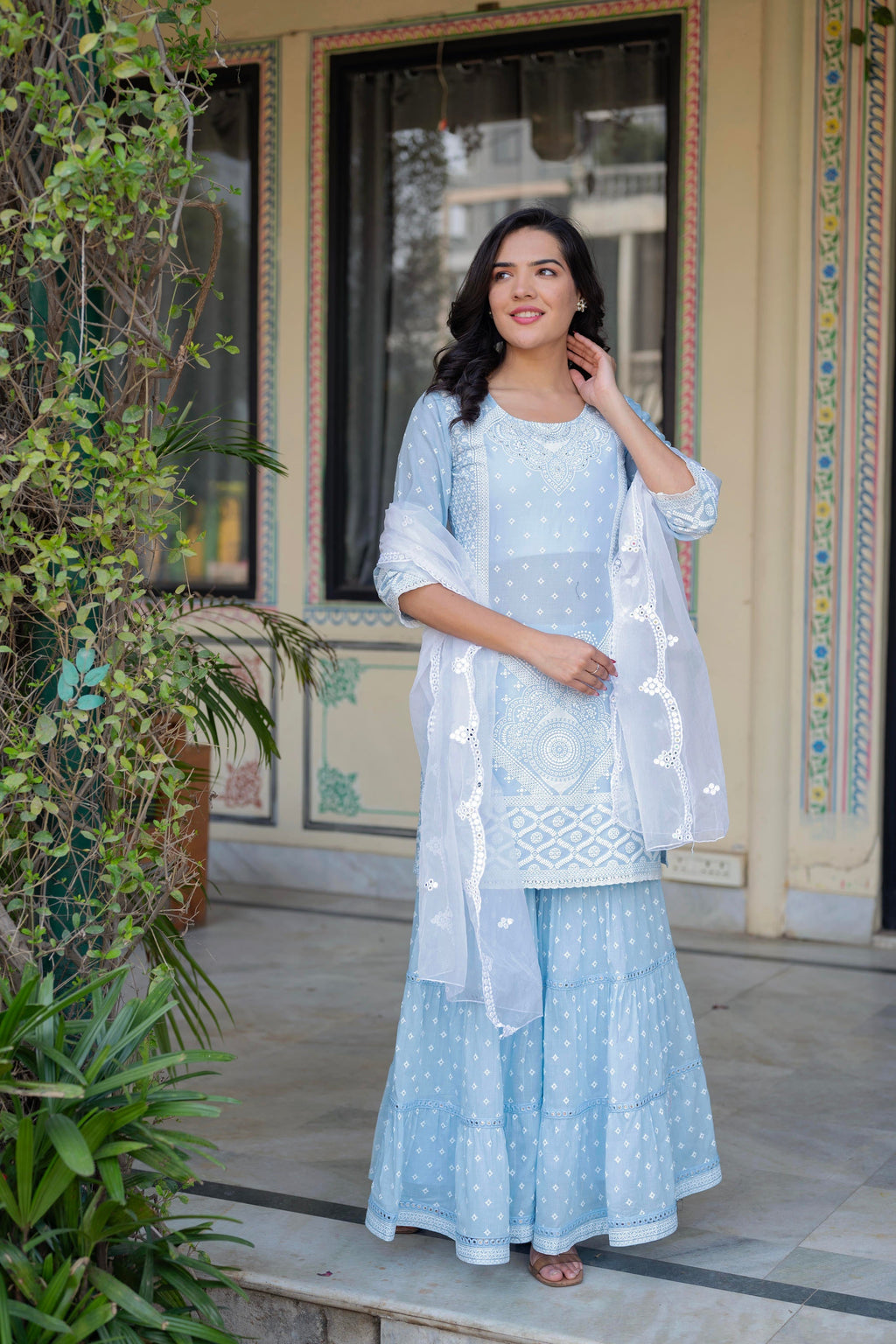 Juniper Sky Blue Cotton Mughal Printed Kurta with Gharara, Organza Dupatta, Mirror Work & Puff Print