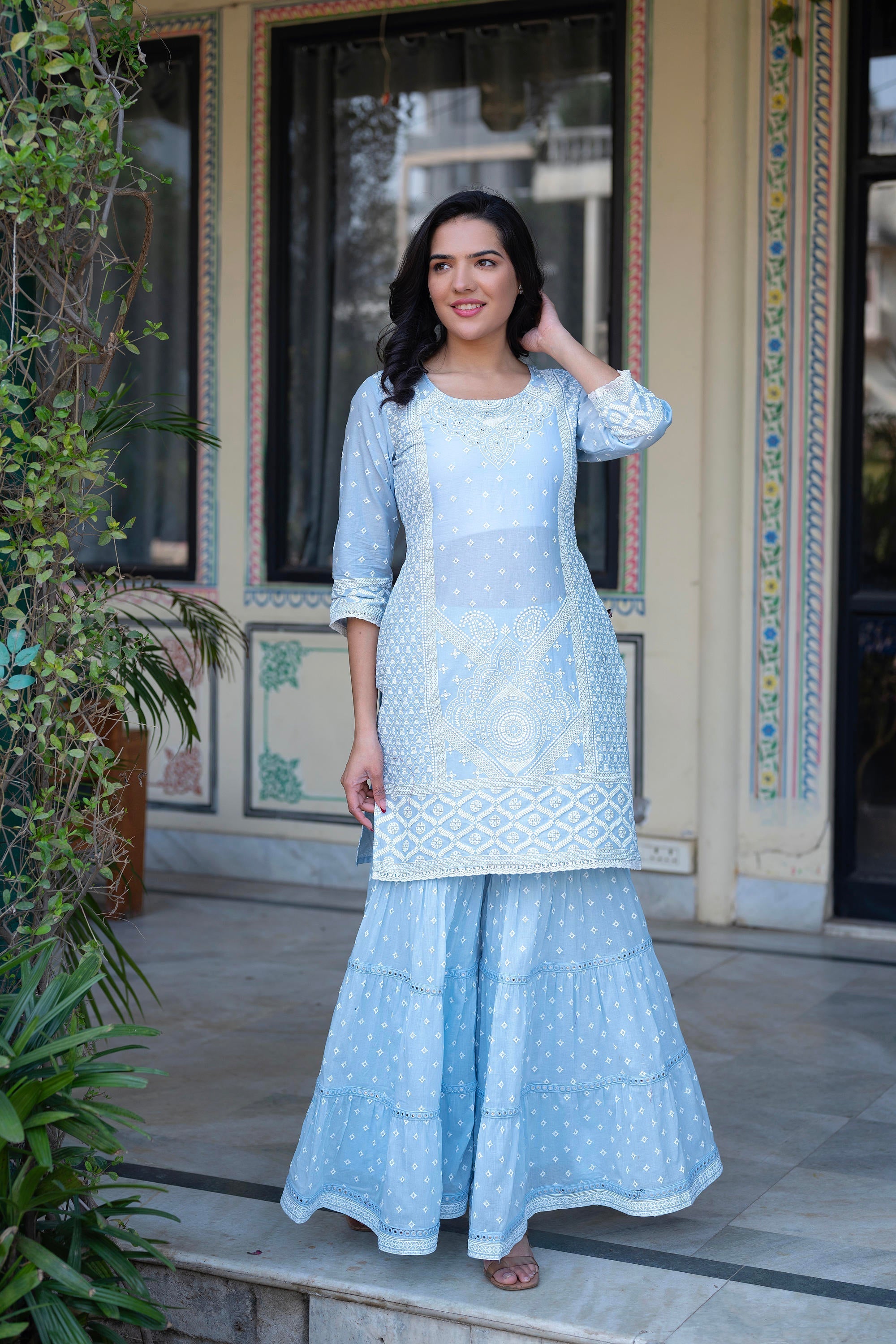 Juniper Sky Blue Cotton Mughal Printed Kurta with Gharara, Organza Dupatta, Mirror Work & Puff Print