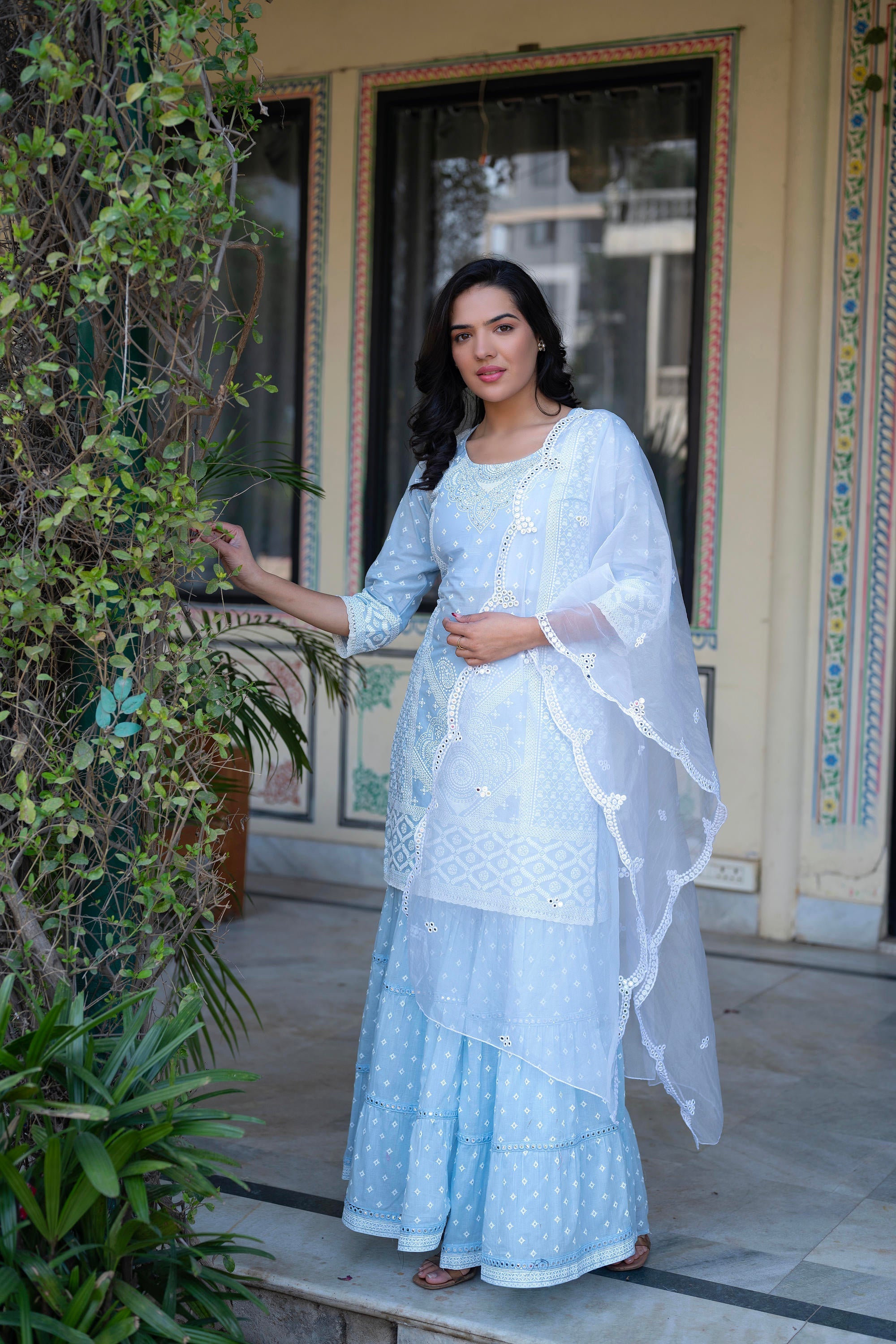 Juniper Sky Blue Cotton Mughal Printed Kurta with Gharara, Organza Dupatta, Mirror Work & Puff Print
