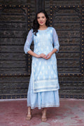 Juniper Sky Blue Chanderi Floral Mirror Embroidered Dress with Gota Lace & Glitter Work