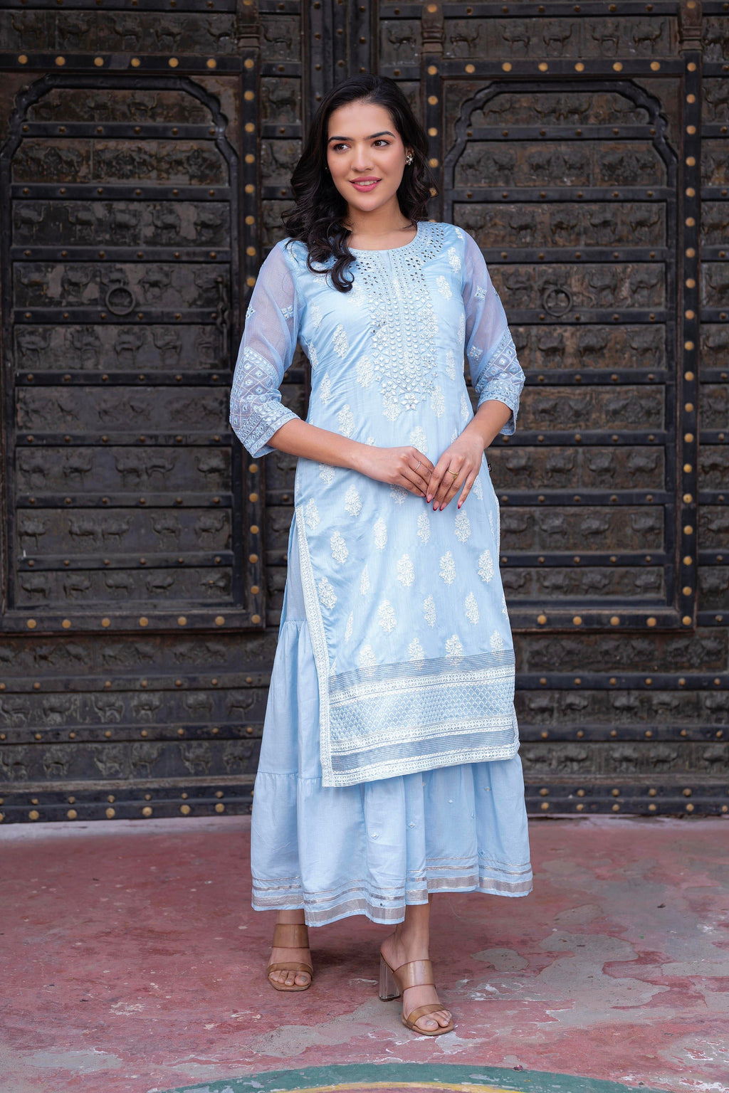Juniper Sky Blue Chanderi Floral Mirror Embroidered Dress with Gota Lace & Glitter Work