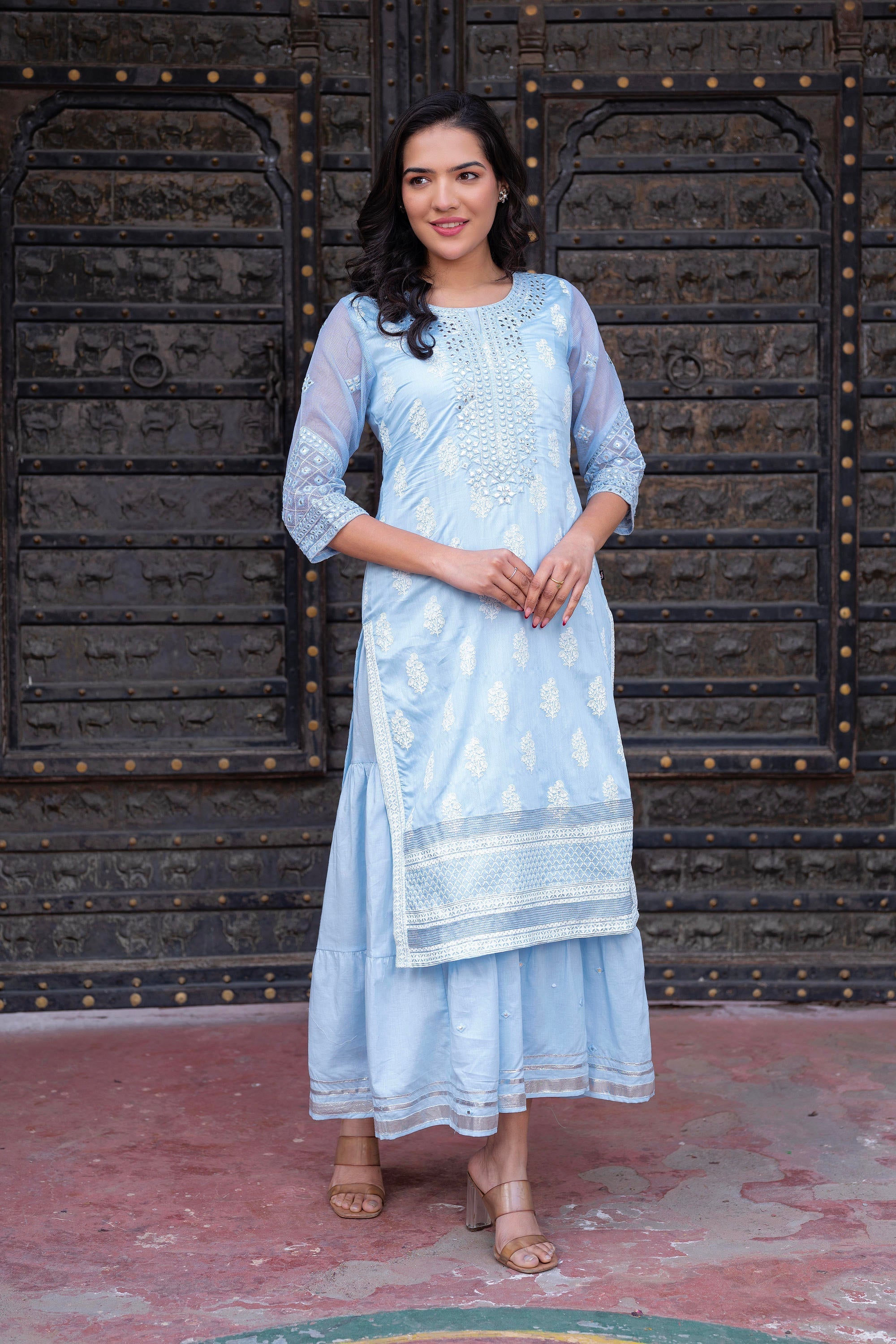 Juniper Sky Blue Chanderi Floral Mirror Embroidered Dress With Gota Lace & Glitter Work