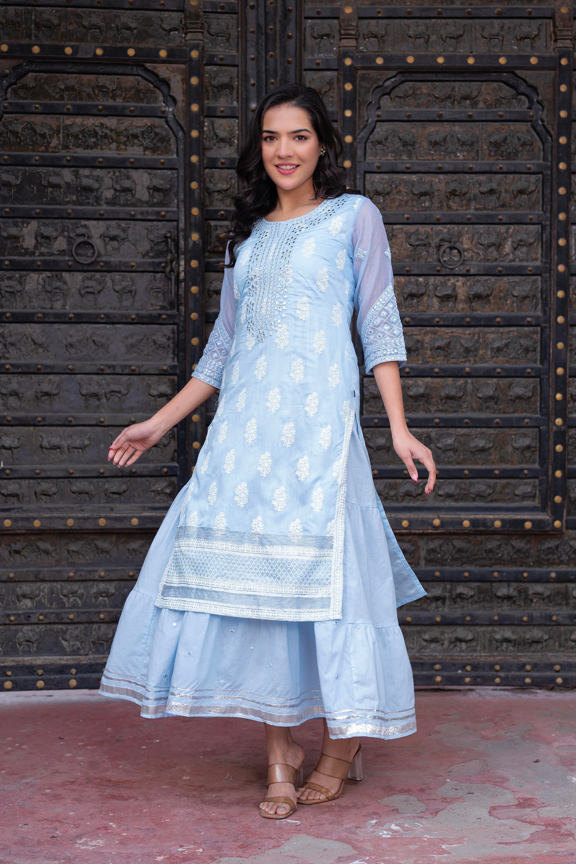 Juniper Sky Blue Chanderi Floral Mirror Embroidered Dress with Gota Lace & Glitter Work