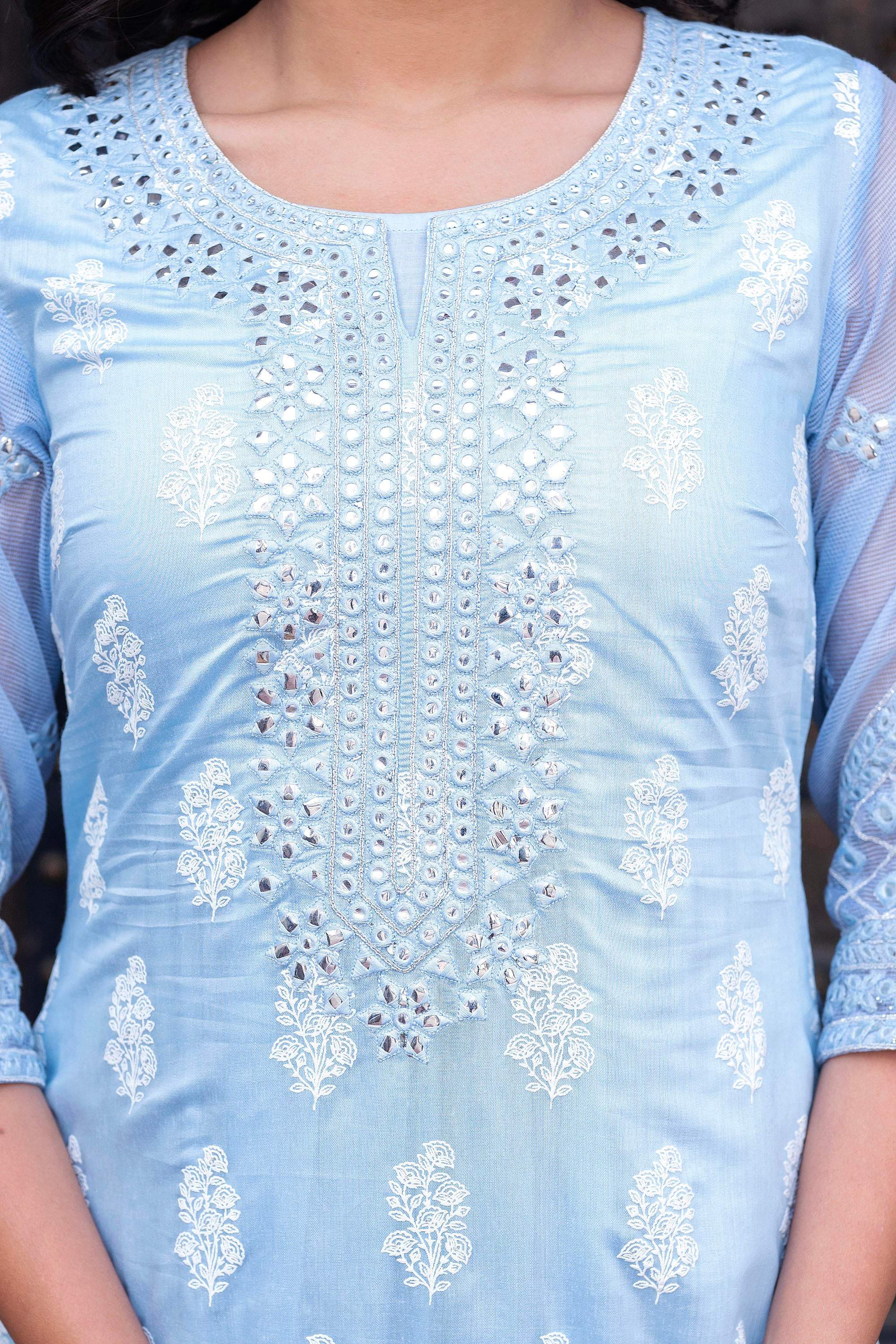 Juniper Sky Blue Chanderi Floral Mirror Embroidered Dress with Gota Lace & Glitter Work