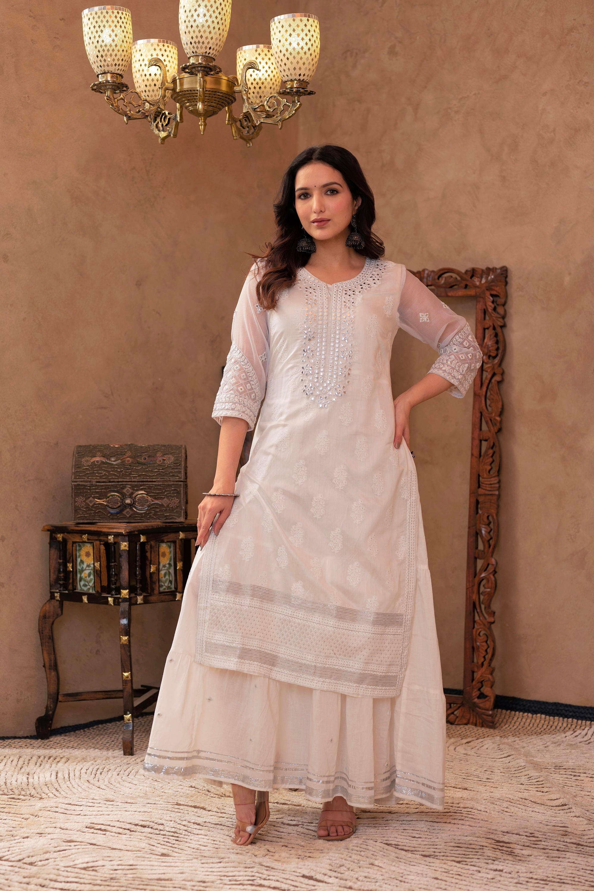 Juniper White Chanderi Mirror Embroidered Kurta With Gota Lace & Glitter Work