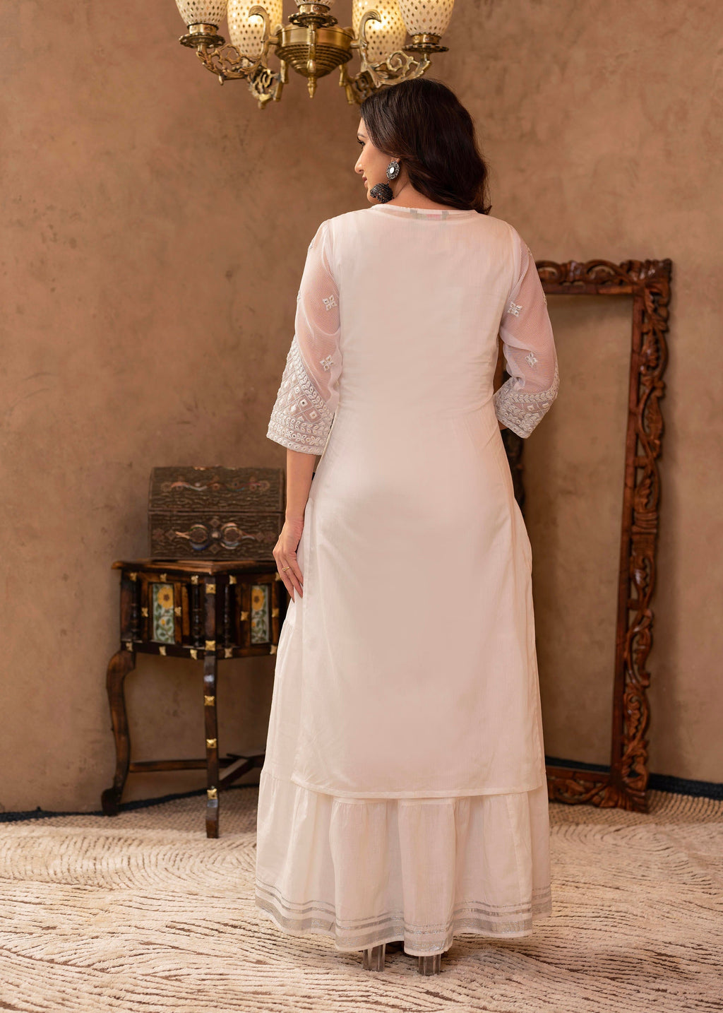 Juniper White Chanderi Mirror Embroidered Kurta with Gota Lace & Glitter Work
