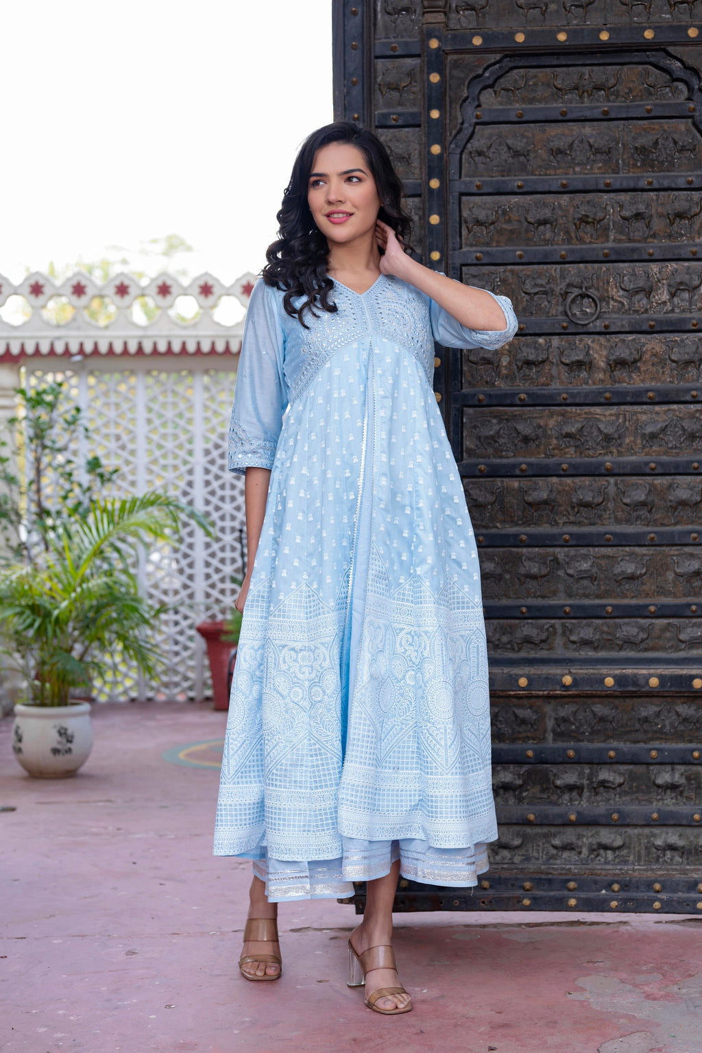 Juniper Sky Blue Chanderi Geometric Printed Mirror Embroidered Dress with Gota Lace & Glitter Work