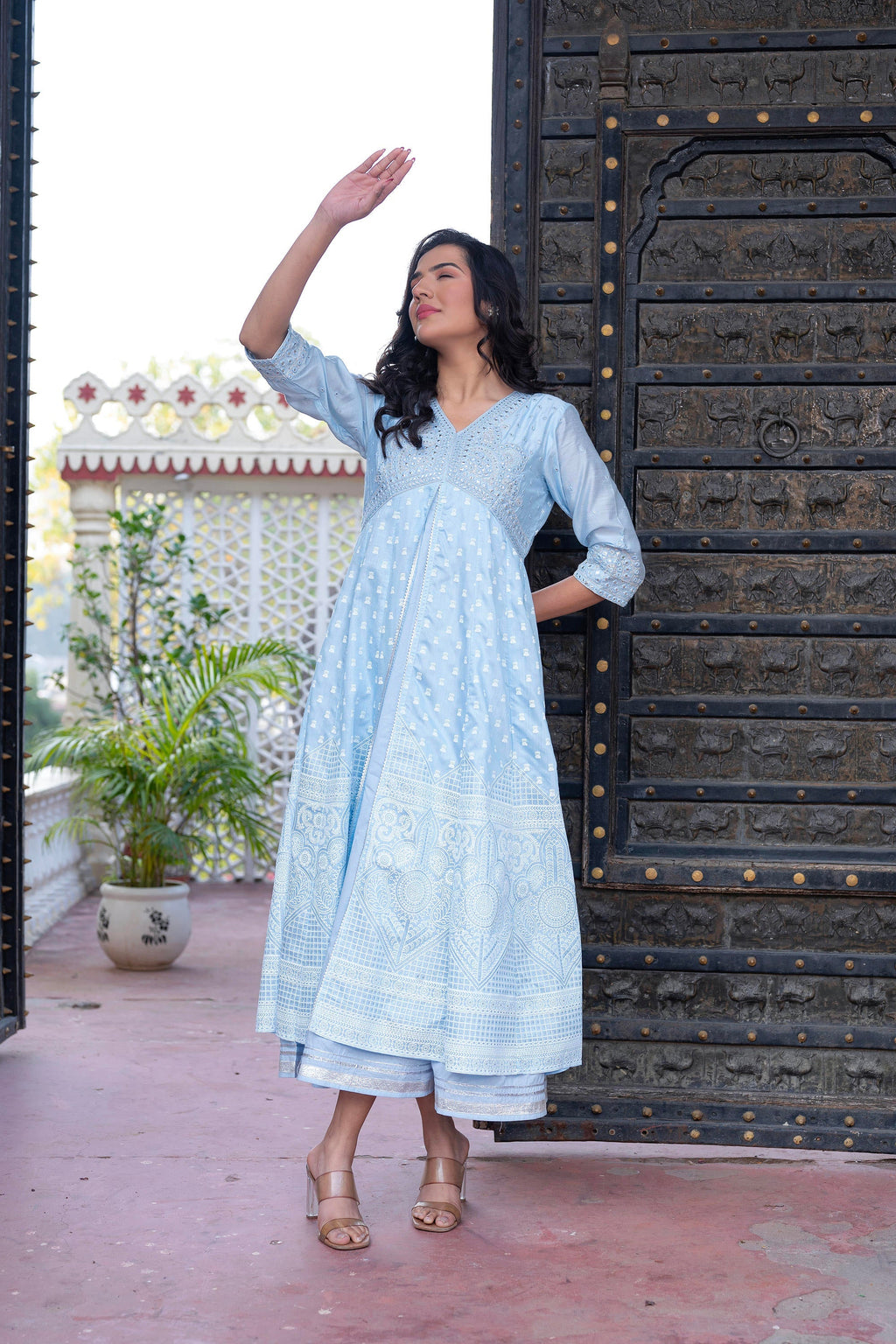 Juniper Sky Blue Chanderi Geometric Printed Mirror Embroidered Dress with Gota Lace & Glitter Work