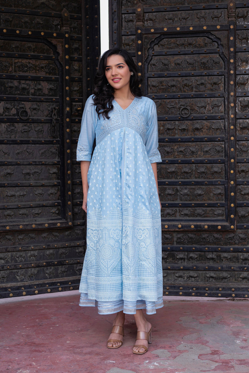 Juniper Sky Blue Chanderi Geometric Printed Mirror Embroidered Dress with Gota Lace & Glitter Work