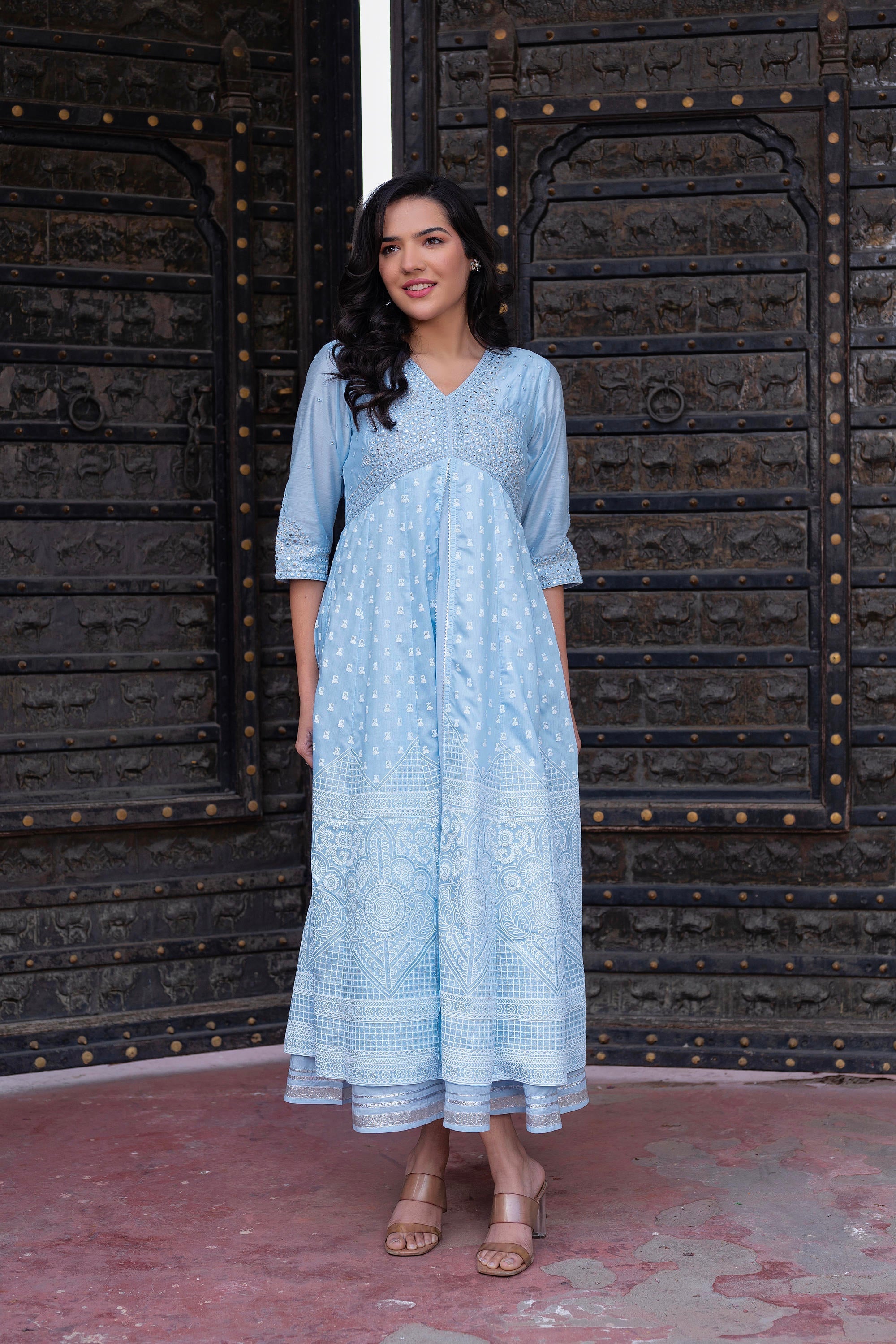Juniper Sky Blue Chanderi Geometric Printed Mirror Embroidered Dress with Gota Lace & Glitter Work