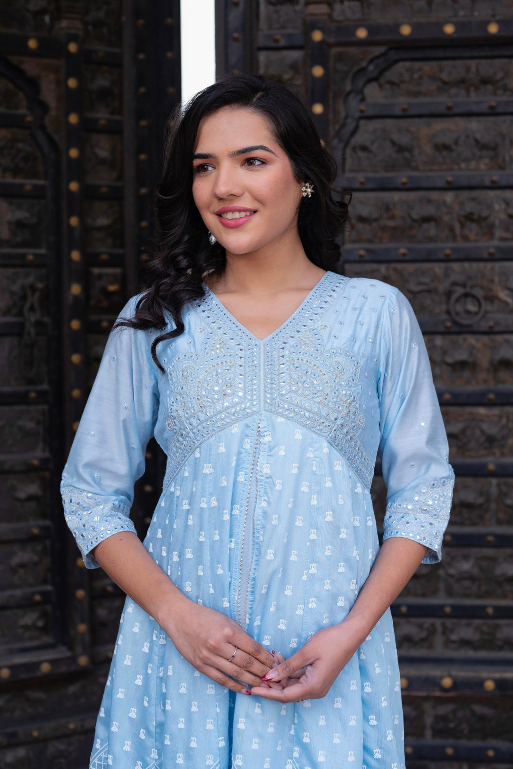 Juniper Sky Blue Chanderi Geometric Printed Mirror Embroidered Dress with Gota Lace & Glitter Work