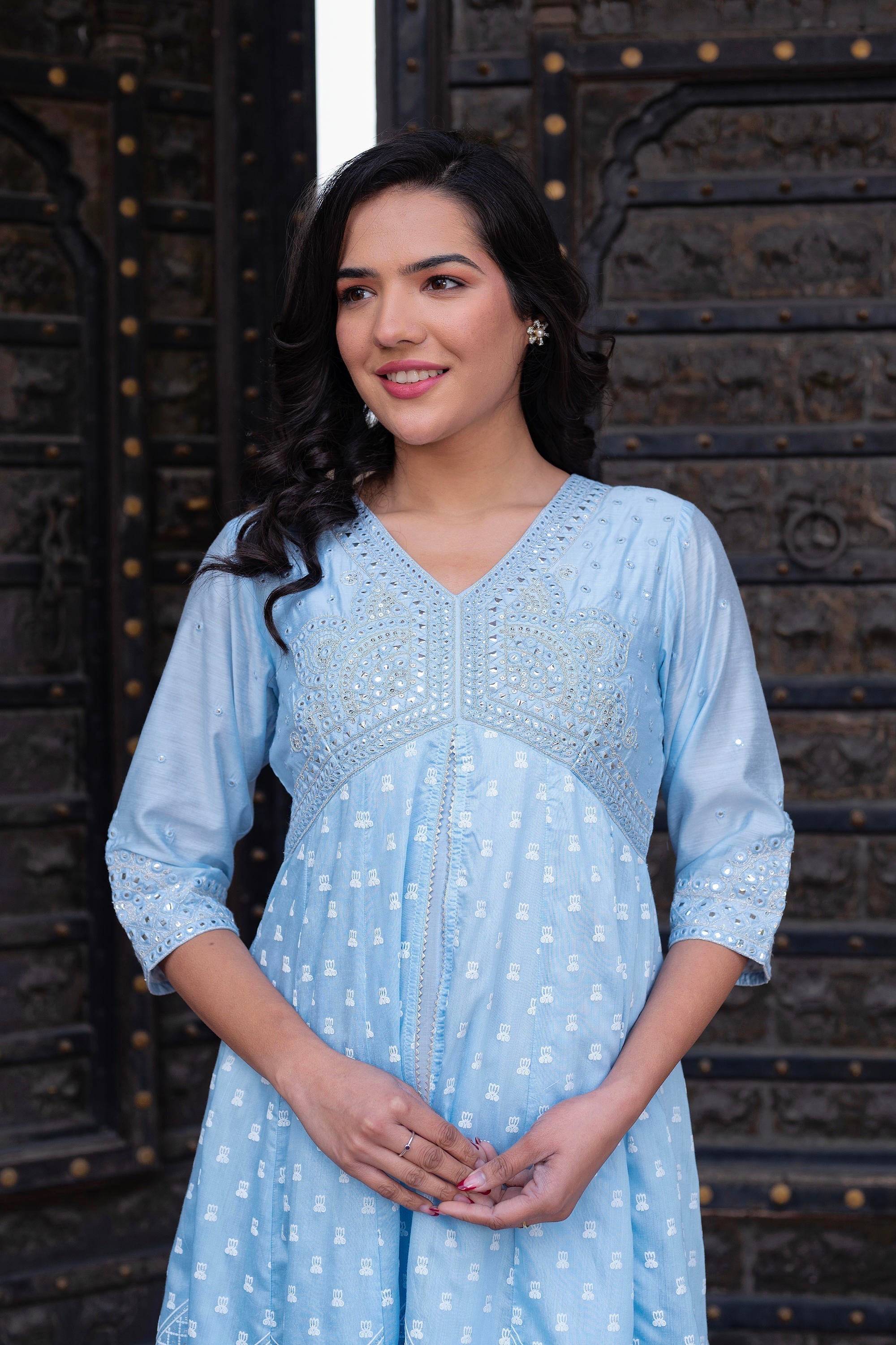 Juniper Sky Blue Chanderi Geometric Printed Mirror Embroidered Dress with Gota Lace & Glitter Work
