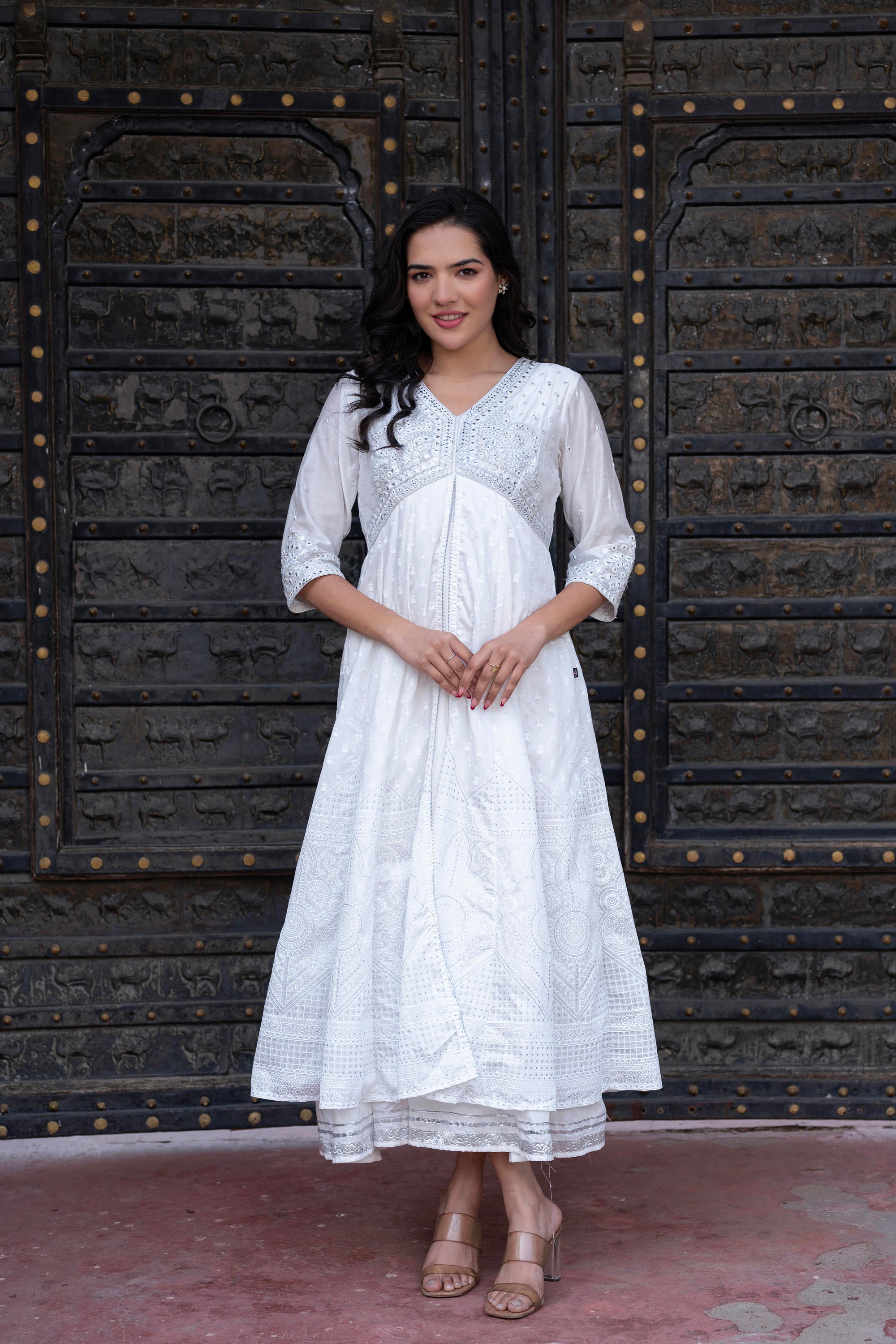 Juniper White Chanderi Geometric Printed Dress with Mirror Embroidery, Gota Lace & Glitter Work