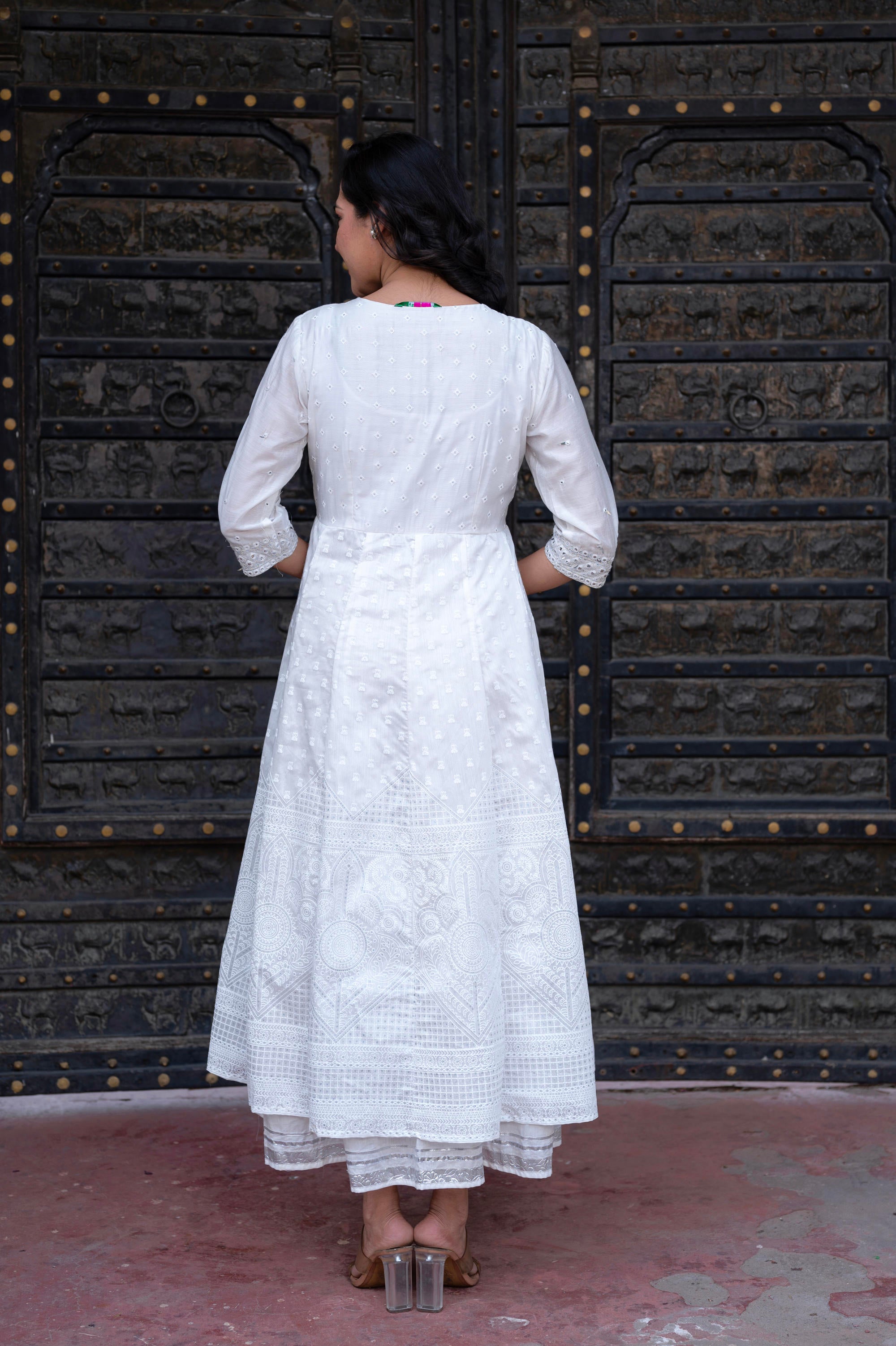 Juniper White Chanderi Geometric Printed Dress with Mirror Embroidery, Gota Lace & Glitter Work