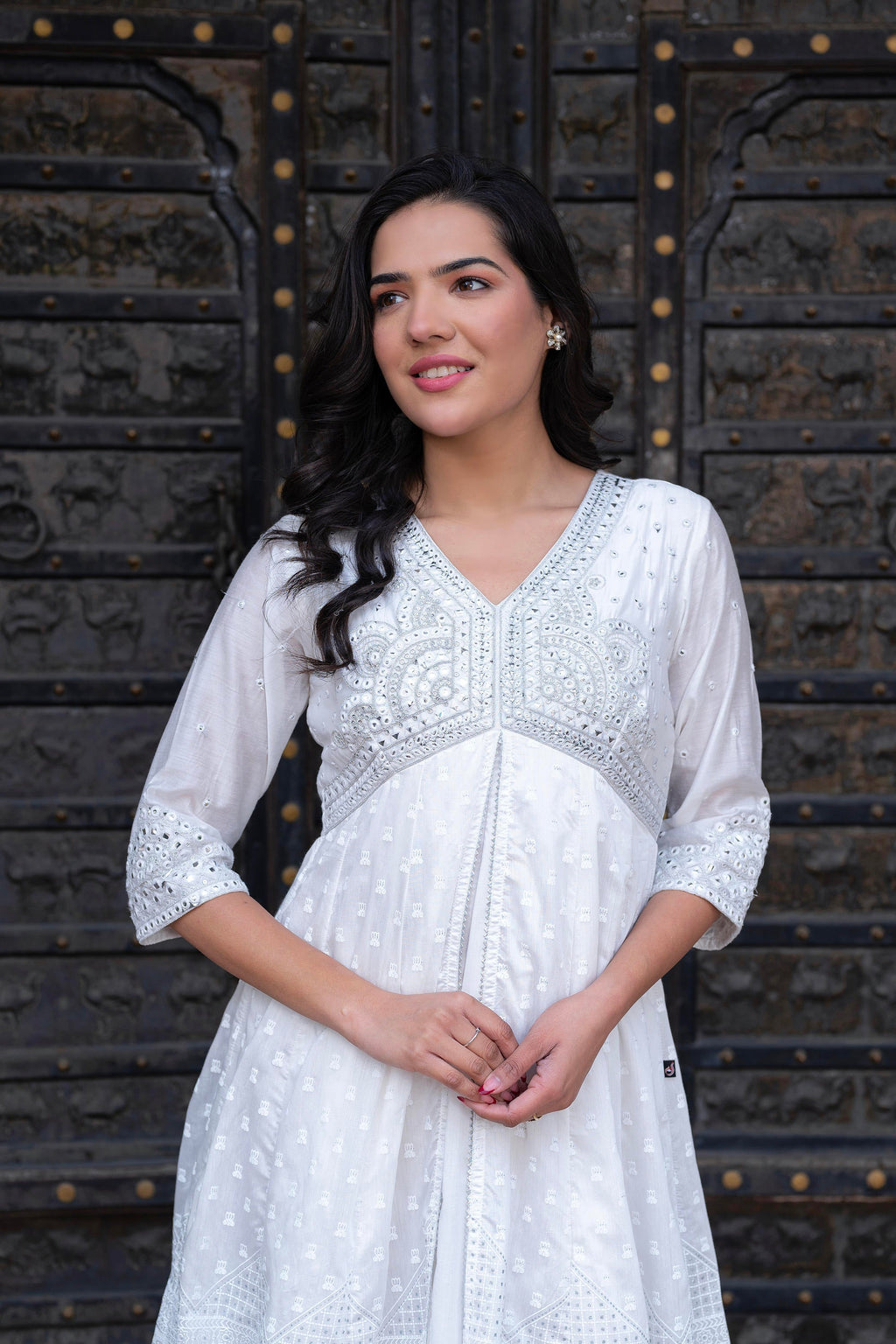 Juniper White Chanderi Geometric Printed Dress with Mirror Embroidery, Gota Lace & Glitter Work