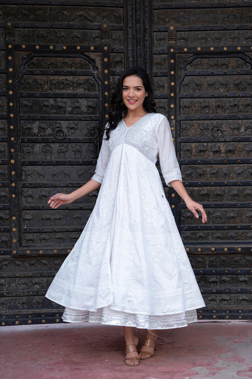 Juniper White Chanderi Geometric Printed Dress with Mirror Embroidery, Gota Lace & Glitter Work