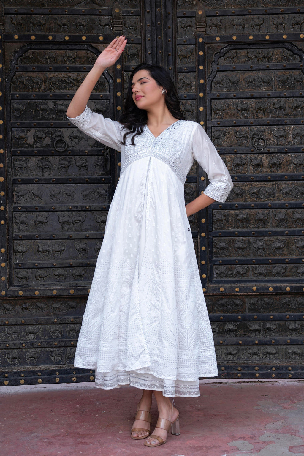 Juniper White Chanderi Geometric Printed Dress with Mirror Embroidery, Gota Lace & Glitter Work