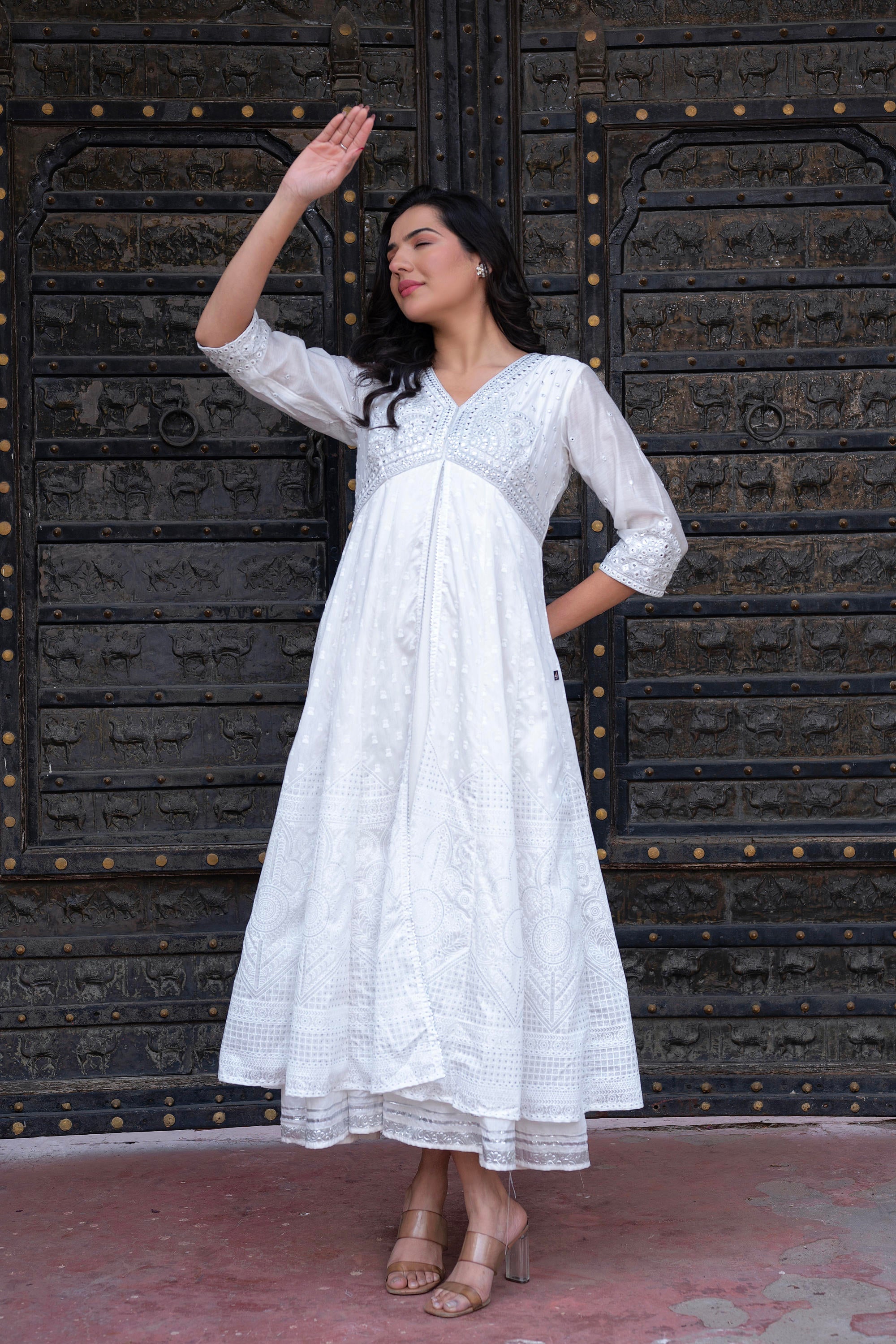 Juniper White Chanderi Geometric Printed Dress with Mirror Embroidery, Gota Lace & Glitter Work