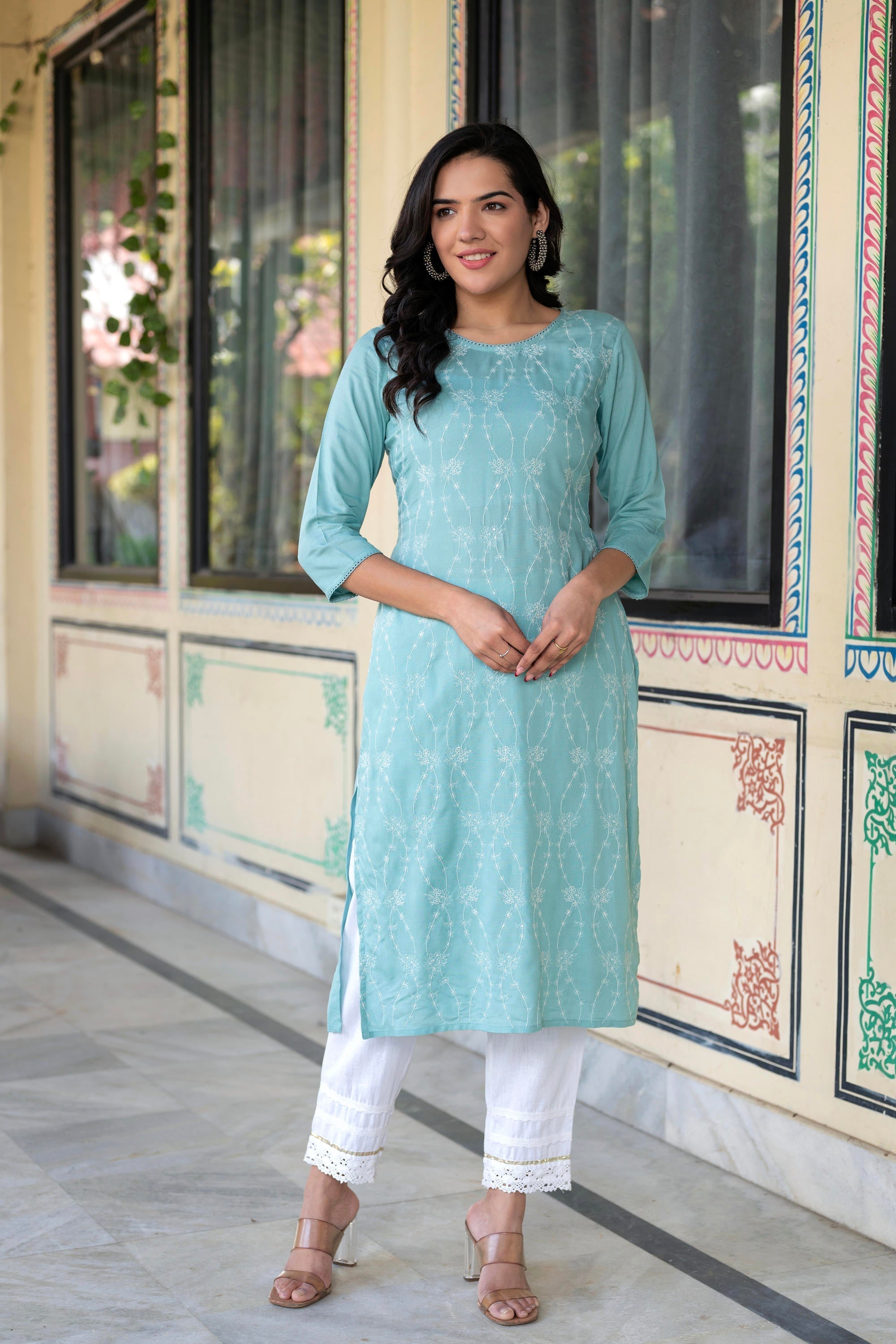 Juniper Aqua Embroidered Floral Viscose Kurta with Sequins & Cotton Lace