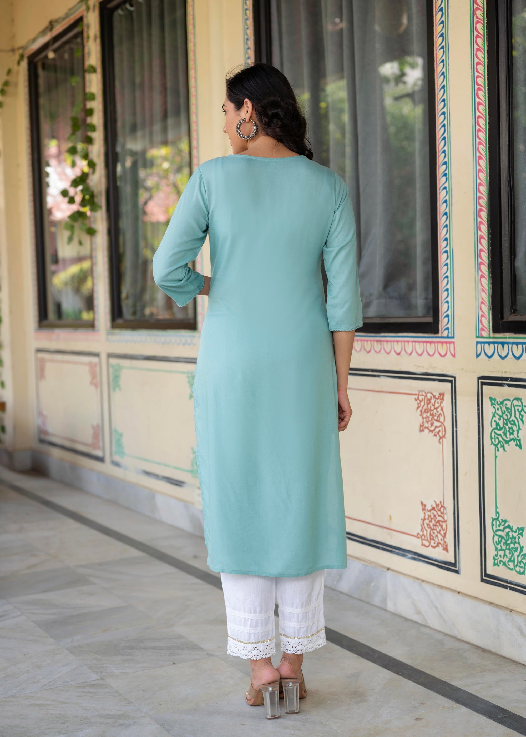 Juniper Aqua Embroidered Floral Viscose Kurta with Sequins & Cotton Lace