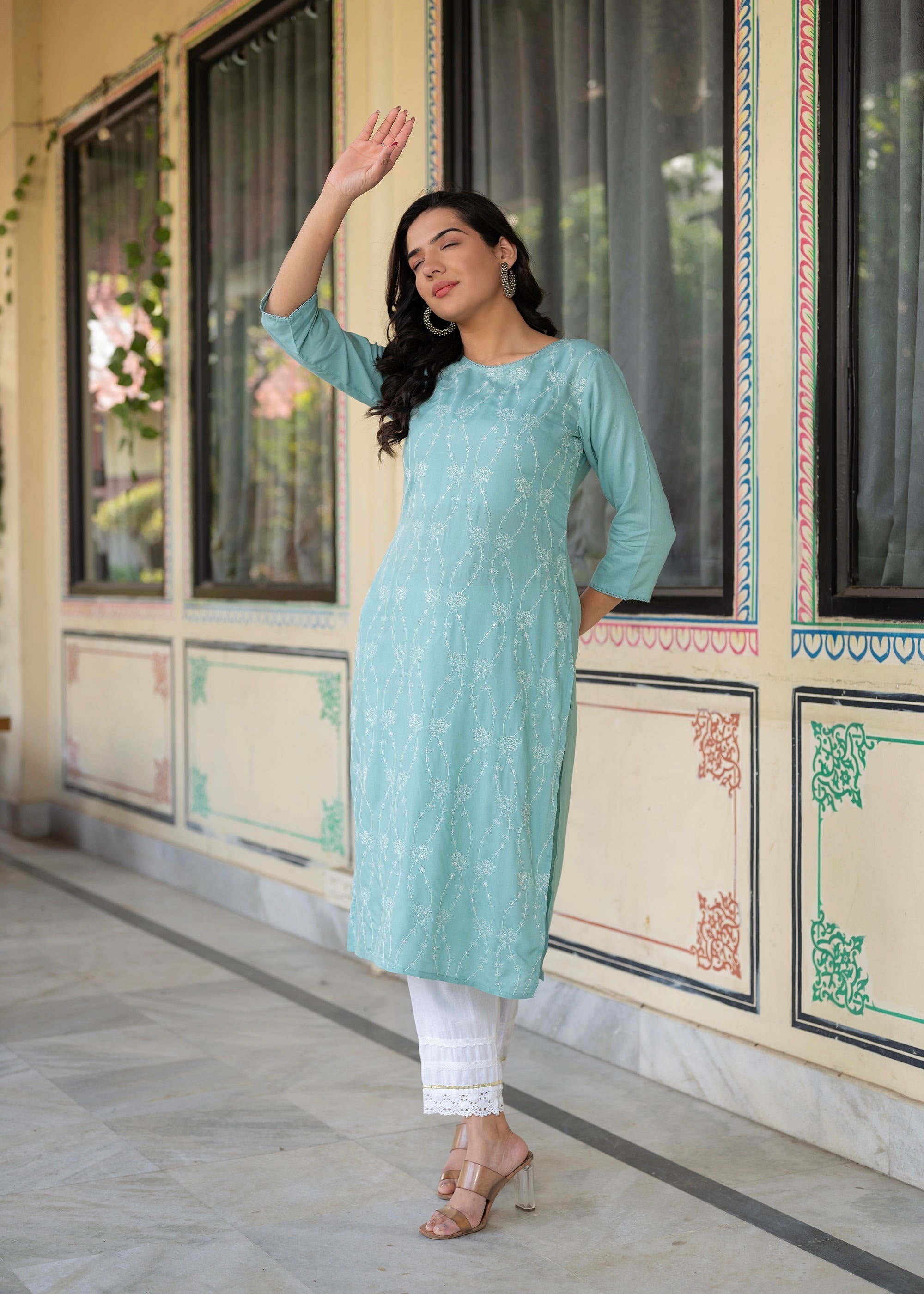 Juniper Aqua Embroidered Floral Viscose Kurta with Sequins & Cotton Lace