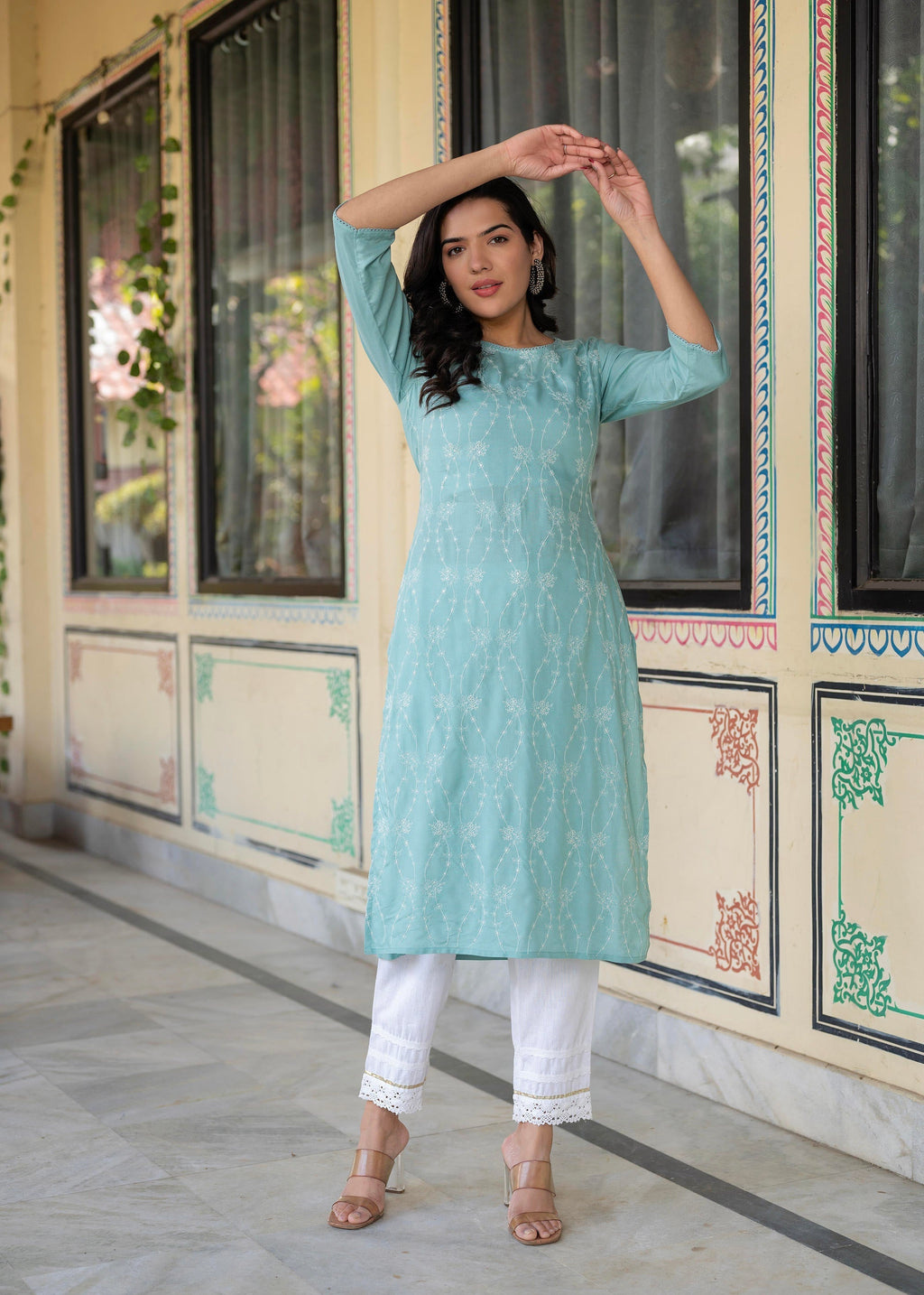 Juniper Aqua Embroidered Floral Viscose Kurta with Sequins & Cotton Lace