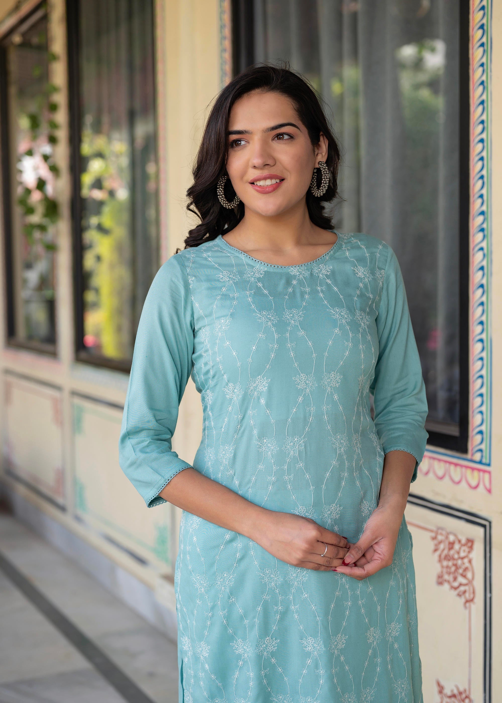 Juniper Aqua Embroidered Floral Viscose Kurta with Sequins & Cotton Lace