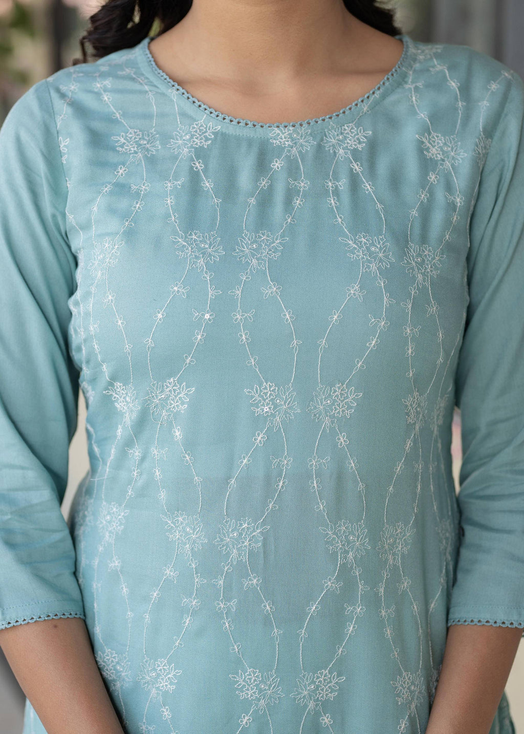 Juniper Aqua Embroidered Floral Viscose Kurta with Sequins & Cotton Lace