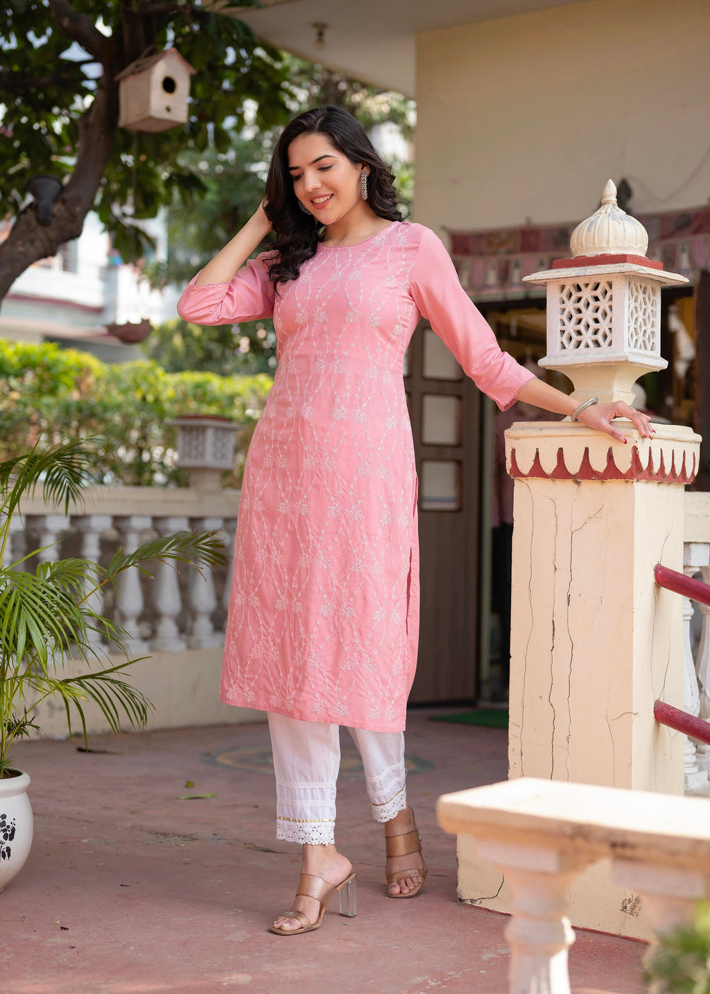 Juniper Onion Pink Embroidered Viscose Kurta with Sequins & Cotton Lace