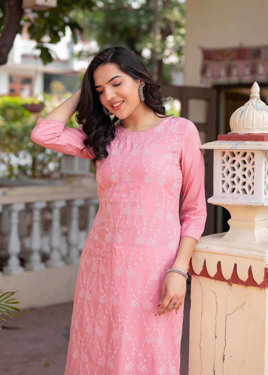 Juniper Onion Pink Embroidered Viscose Kurta with Sequins & Cotton Lace