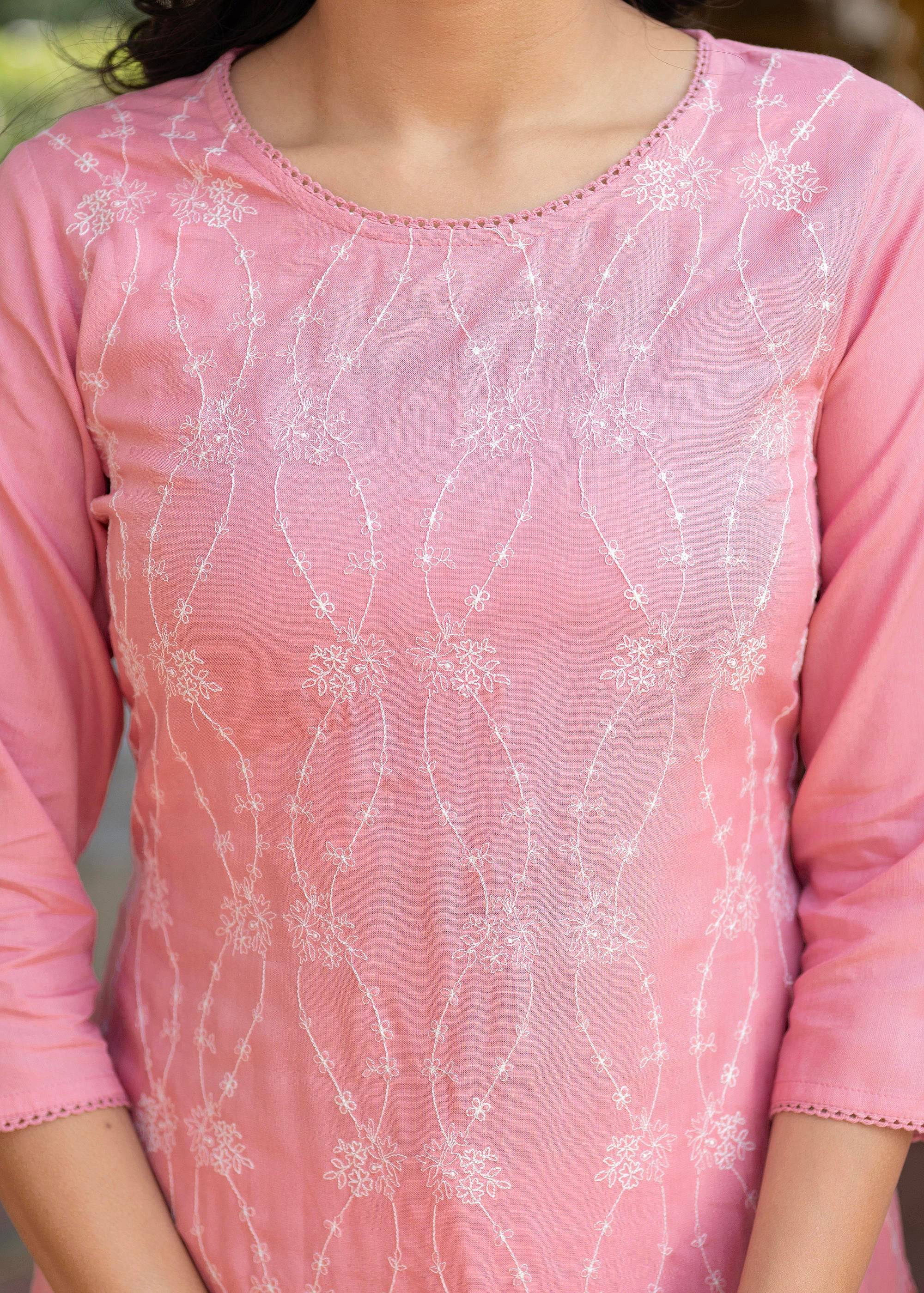 Juniper Onion Pink Embroidered Viscose Kurta with Sequins & Cotton Lace