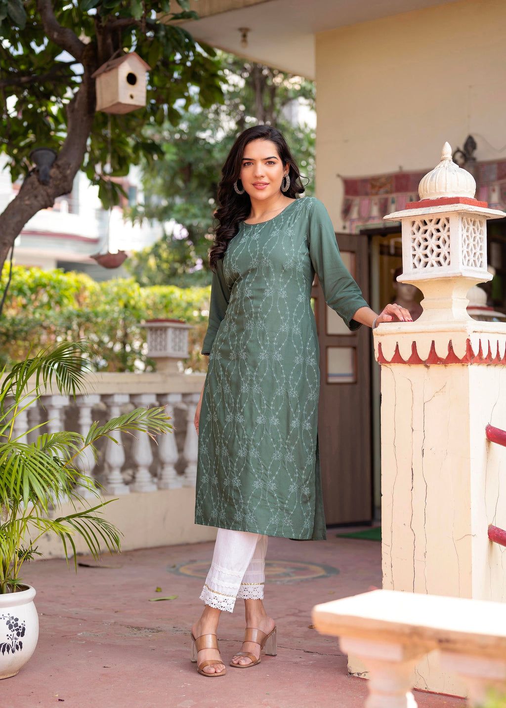 Juniper Sage Green Embroidered Viscose Kurta with Sequins & Cotton Lace