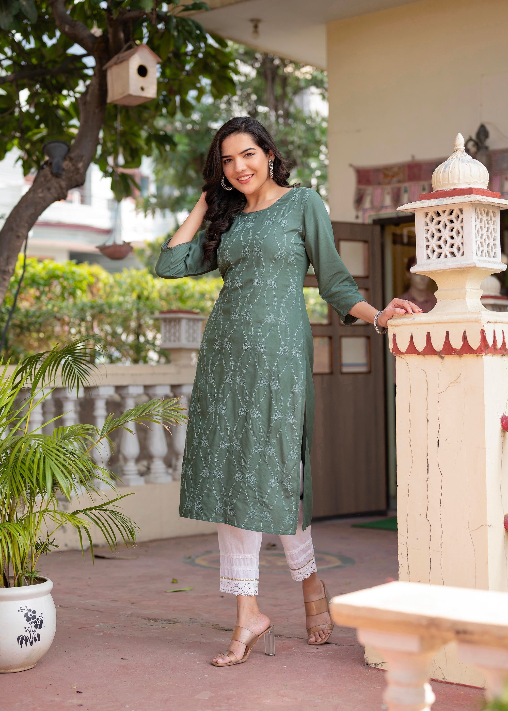 Juniper Sage Green Embroidered Viscose Kurta with Sequins & Cotton Lace