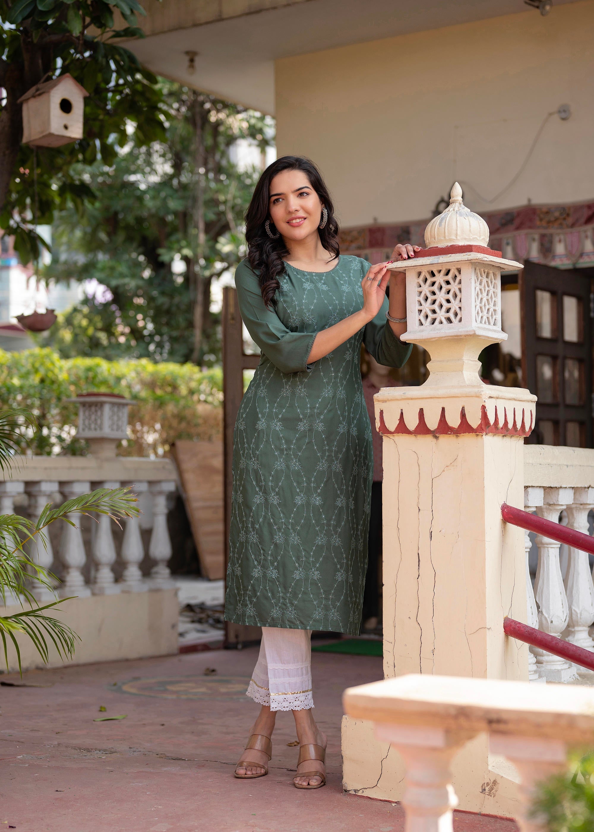 Juniper Sage Green Embroidered Viscose Kurta With Sequins & Cotton Lace