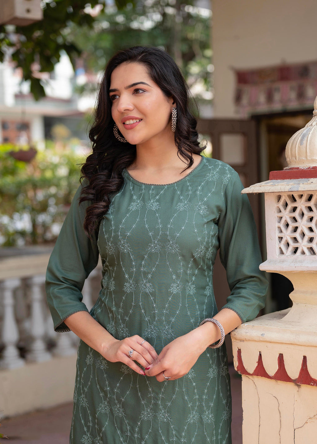 Juniper Sage Green Embroidered Viscose Kurta with Sequins & Cotton Lace