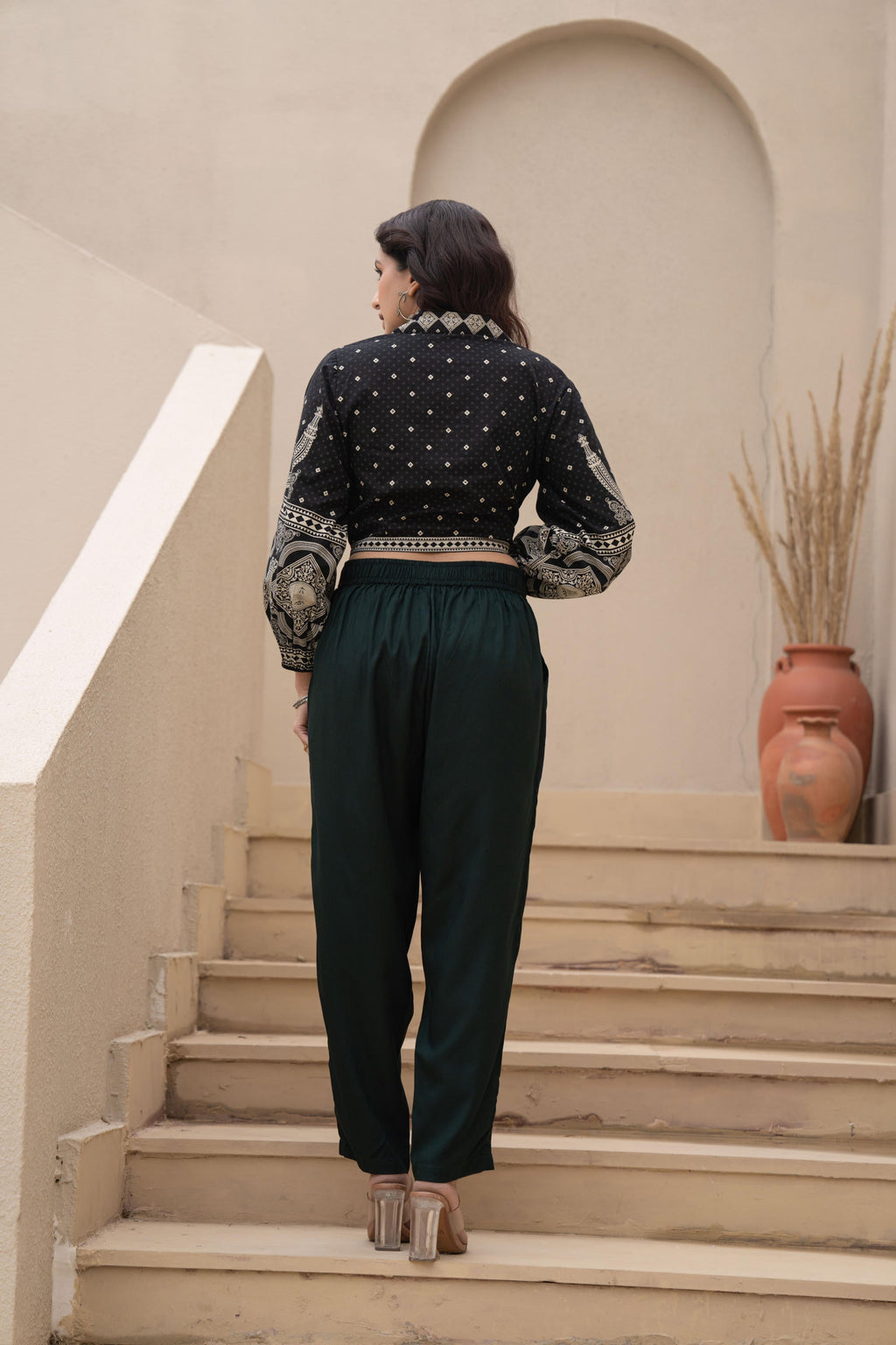 Juniper Bottle Green Solid Viscose Pants