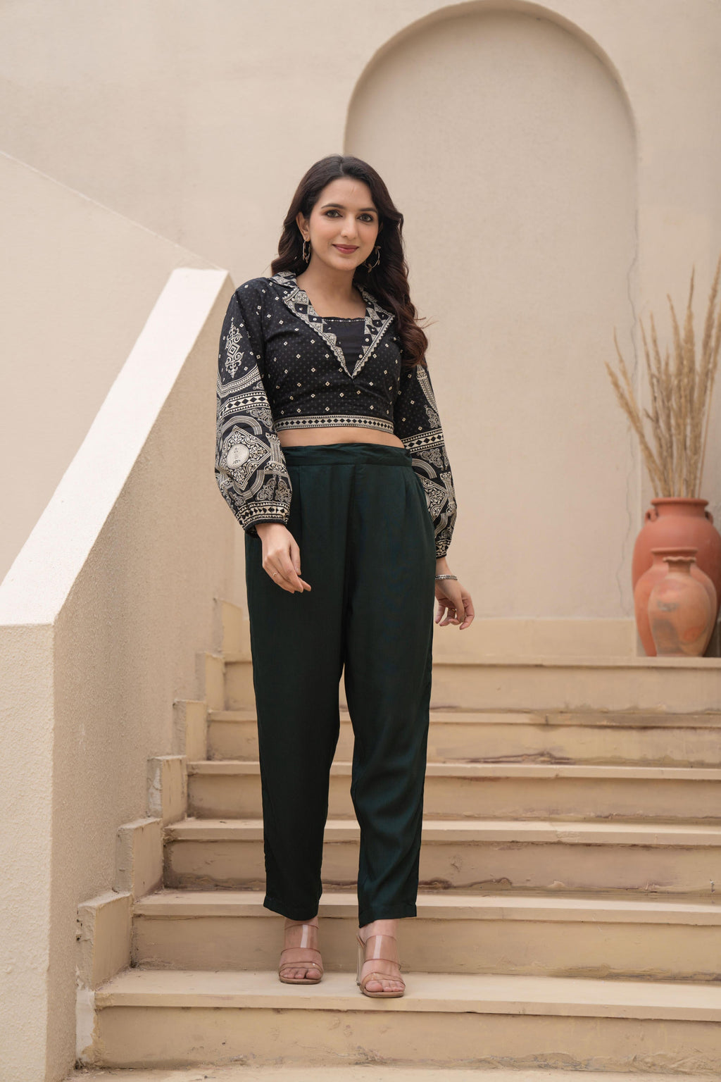 Juniper Bottle Green Solid Viscose Pants