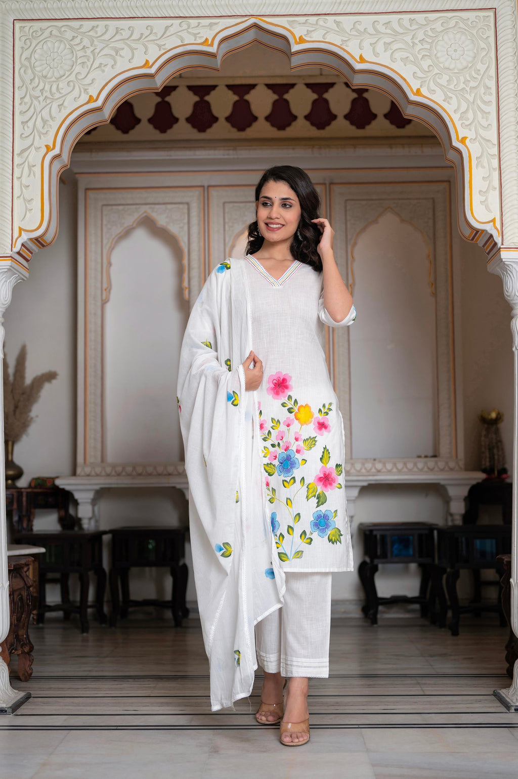 Juniper White Hand-Painted Floral Cotton Kurta with Palazzo & Lace Details