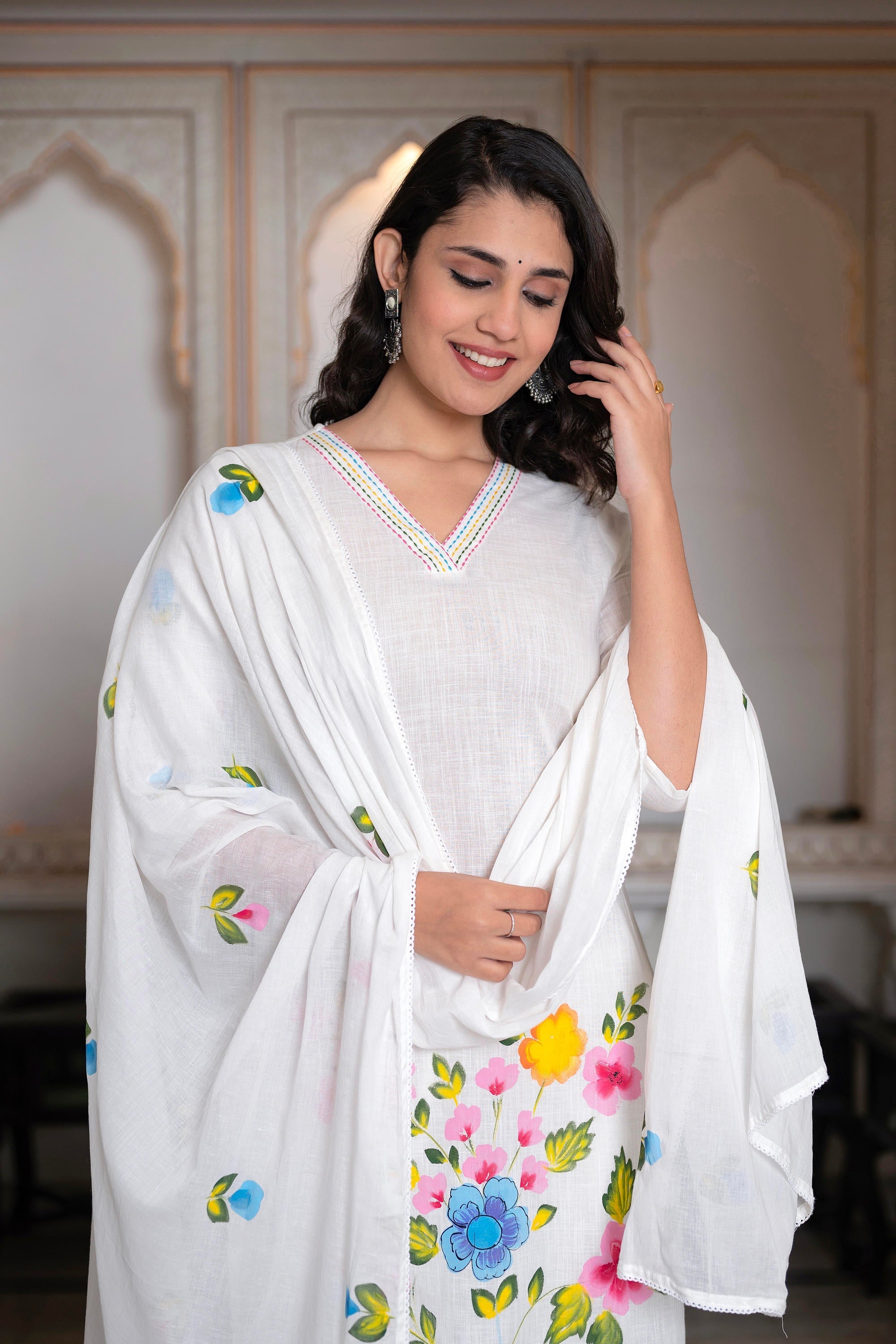 Juniper White Hand-Painted Floral Cotton Kurta with Palazzo & Lace Details