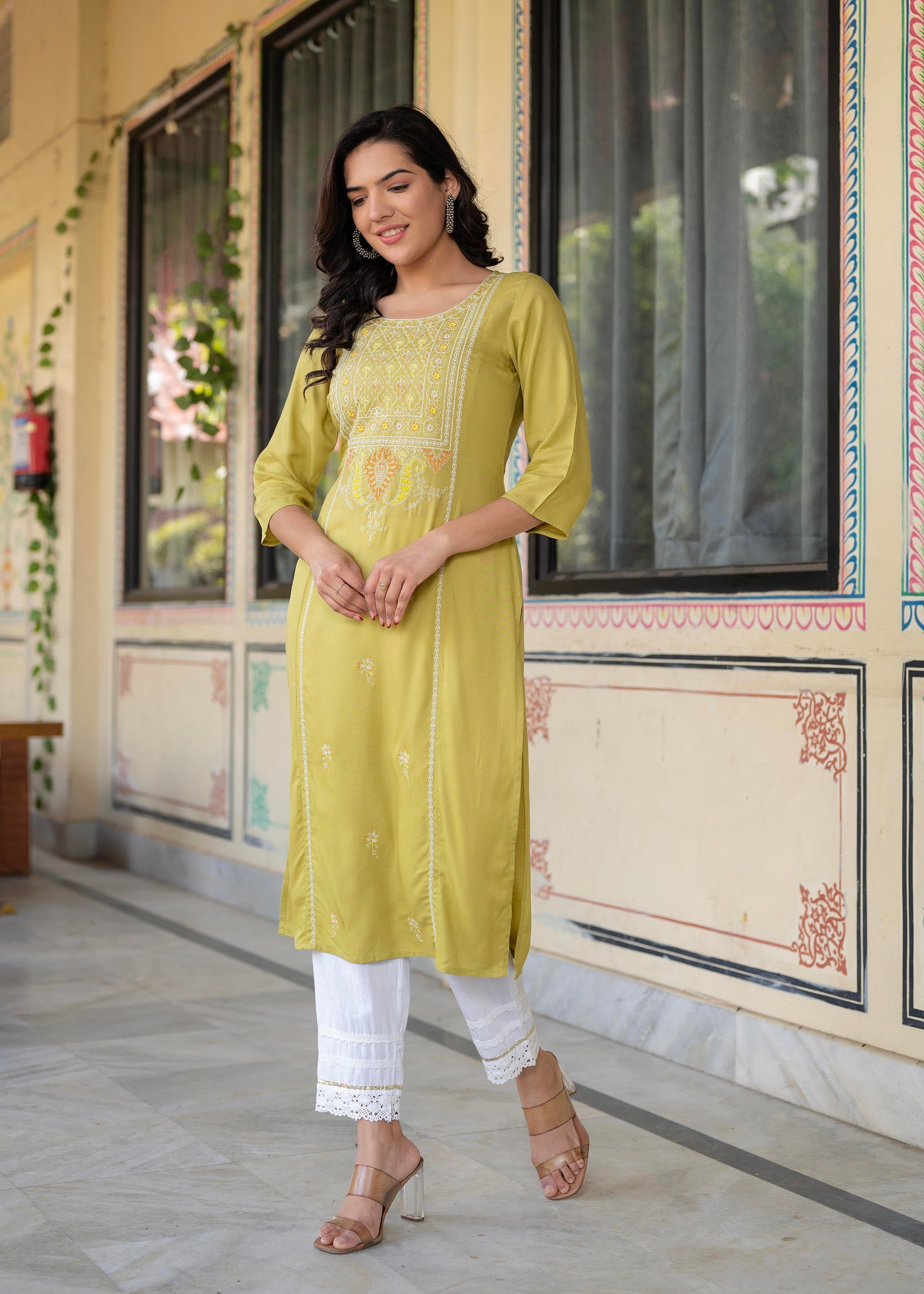 Juniper Lime Viscose Geometric Printed Kurta
