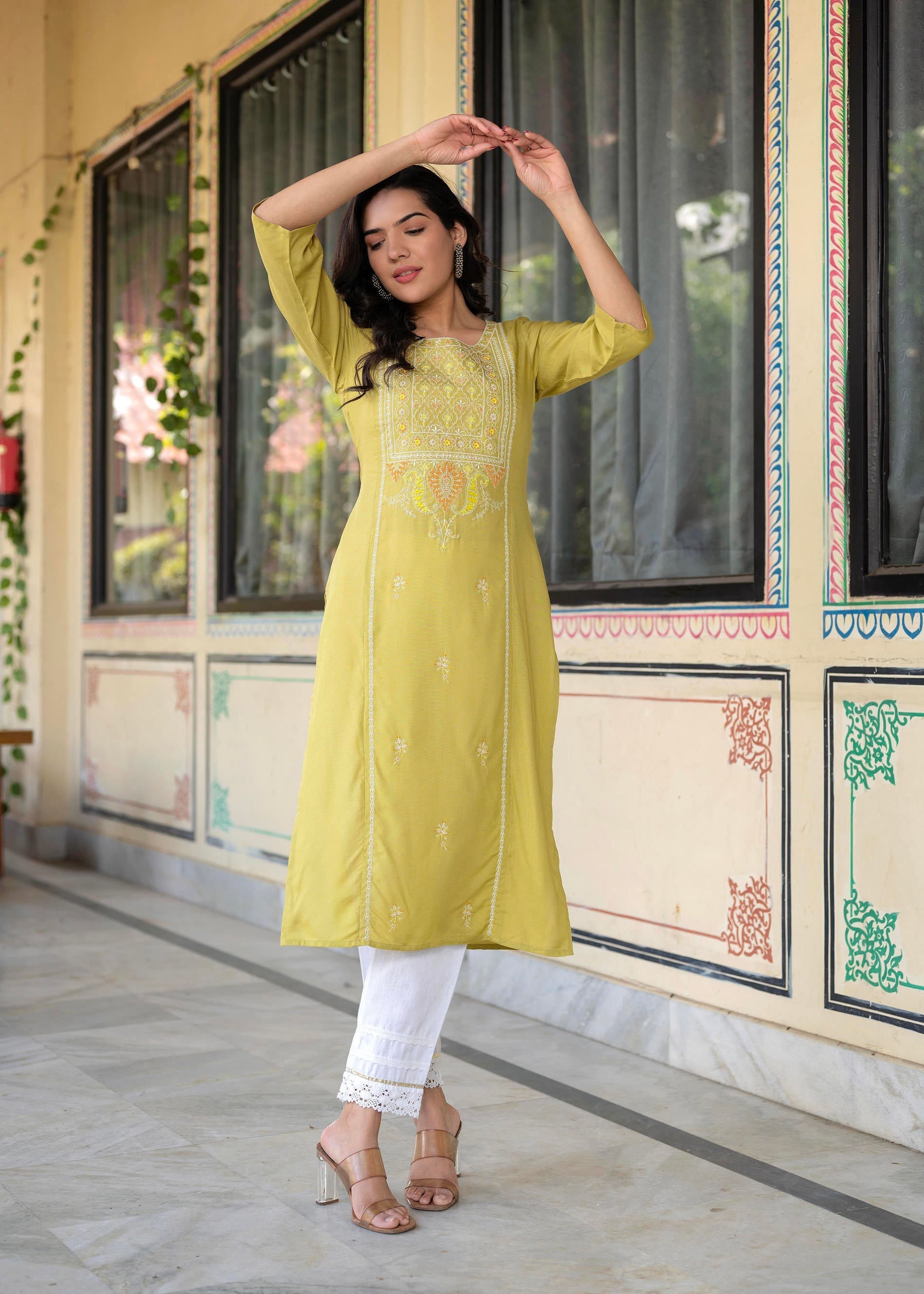 Juniper Lime Viscose Geometric Printed Kurta