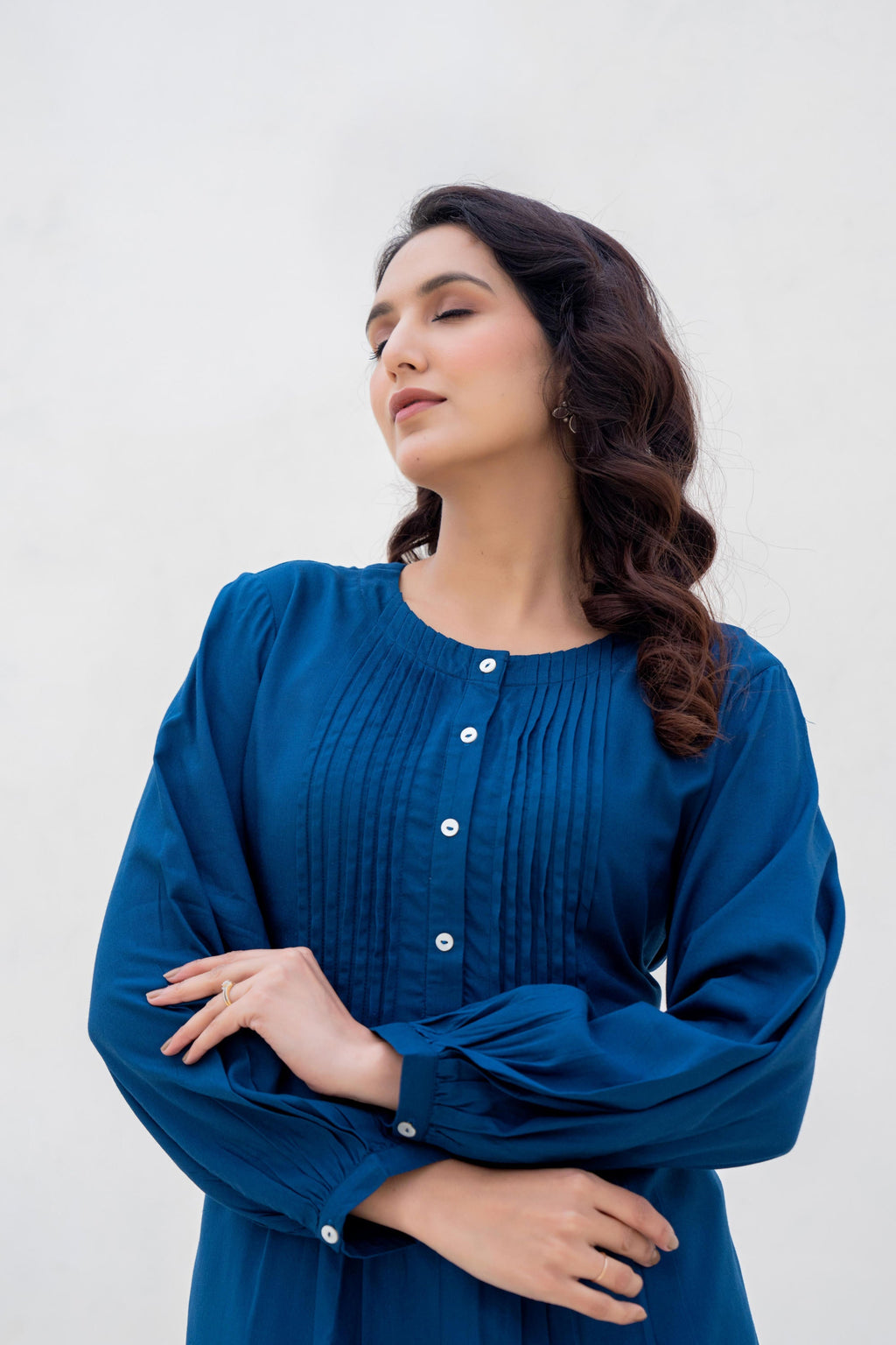 Juniper Navy Solid Viscose Tunic With Buttons & Lace