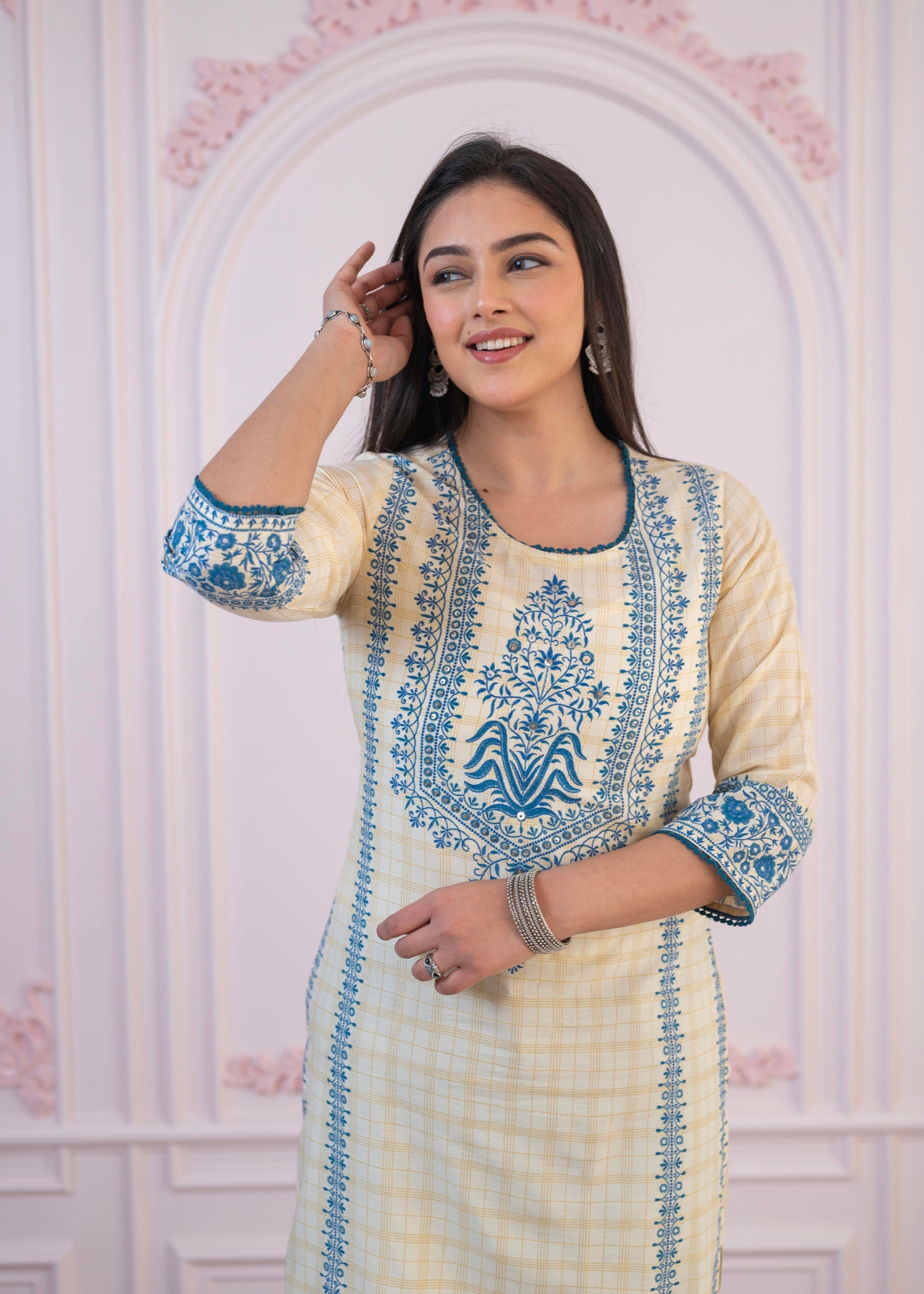 Juniper Blue Viscose Printed Kurta with Ethnic Motifs, Cotton Lace, Sequins & Bead Work