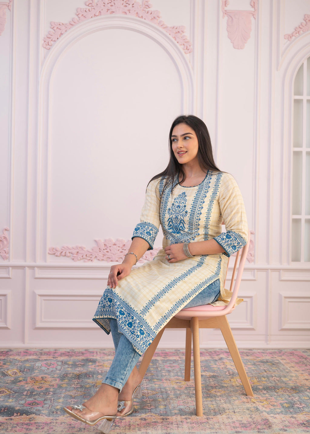 Juniper Blue Viscose Printed Kurta with Ethnic Motifs, Cotton Lace, Sequins & Bead Work